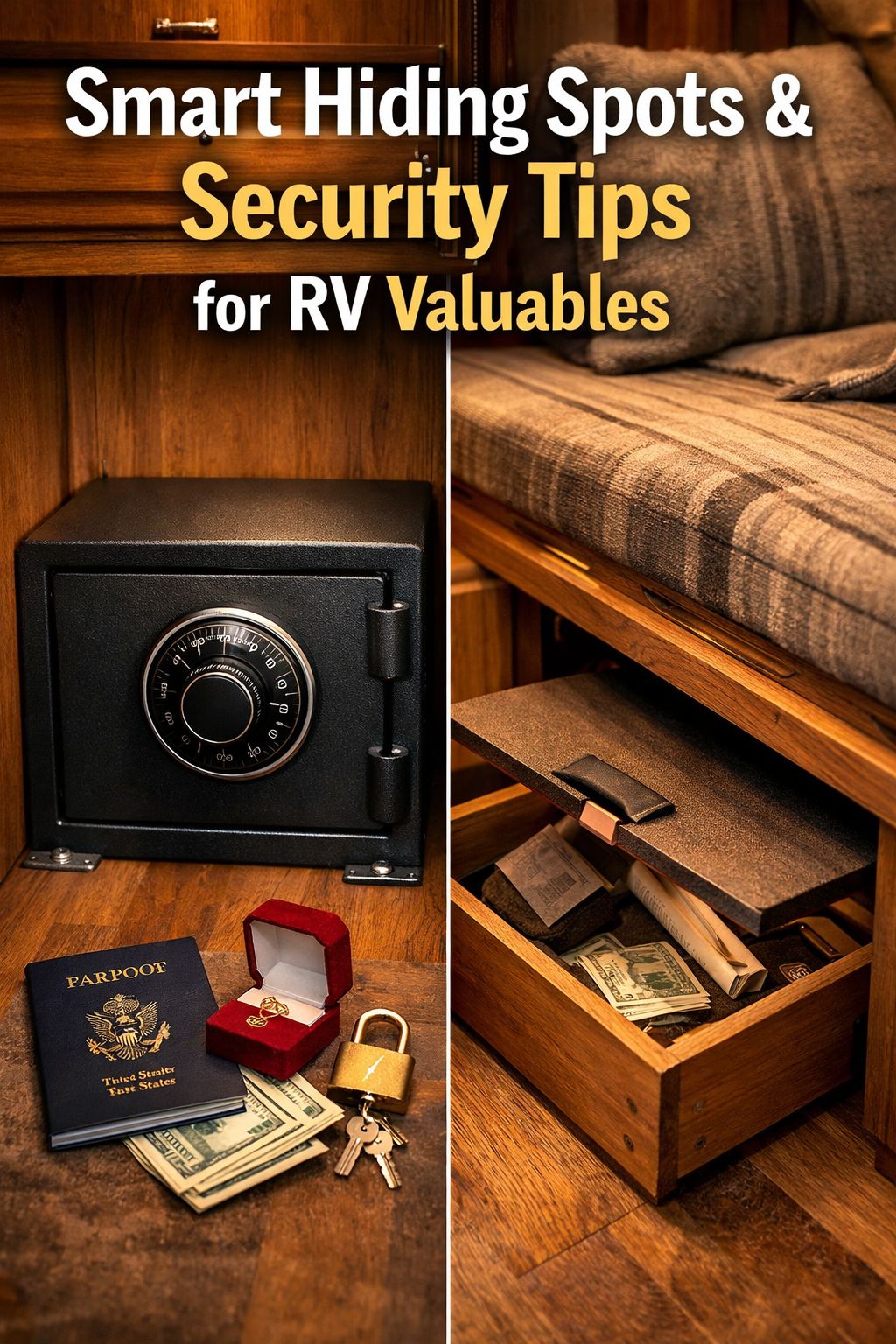 Portrait/Pinterest format () showing a split-view RV interior scene: on the left, a compact fireproof safe bolted to an RV