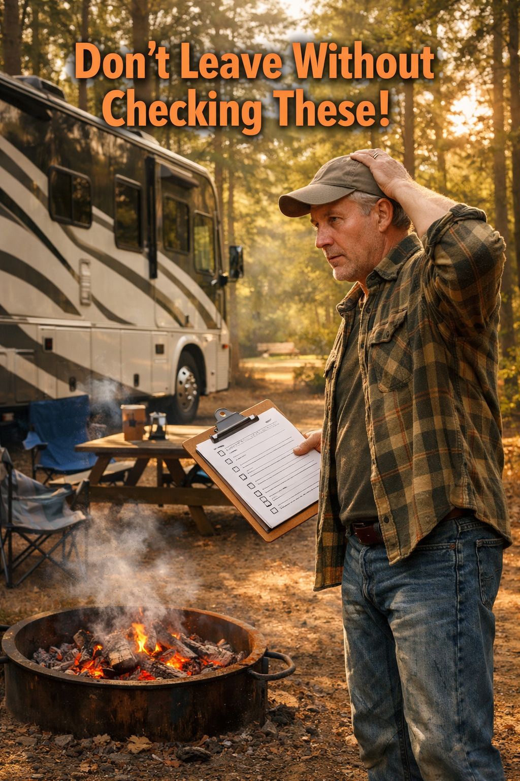 Portrait/Pinterest format () showing a stressed RV owner standing beside a large Class A motorhome at a campground, looking