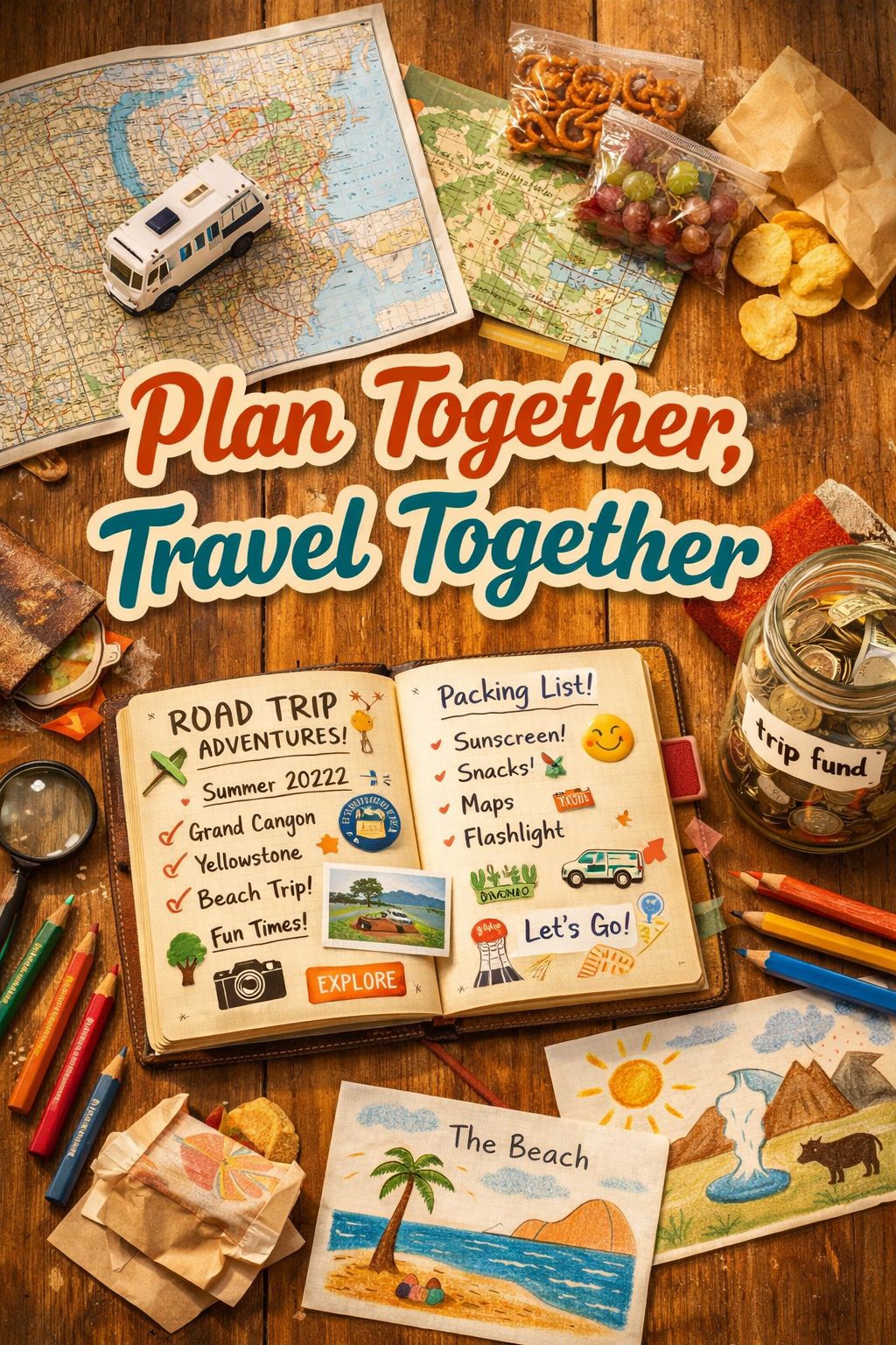 Portrait/Pinterest format () showing a vibrant flat-lay overhead shot of a family road trip planning session on a wooden