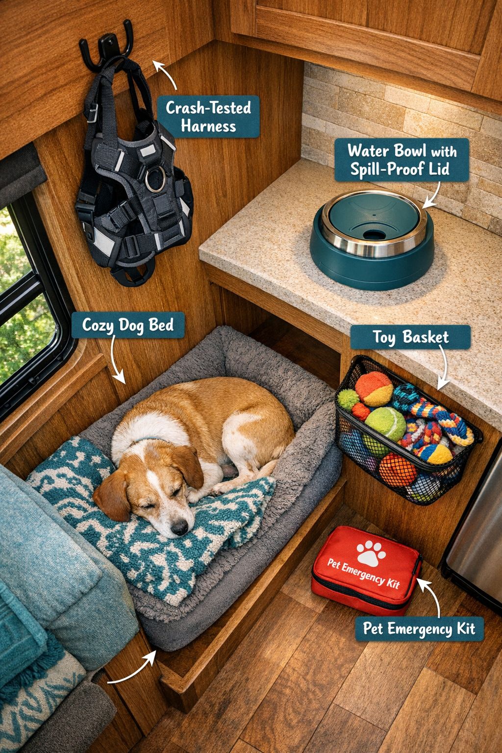 Portrait/Pinterest format () showing an organized RV interior pet station setup from a wide-angle overhead perspective: a