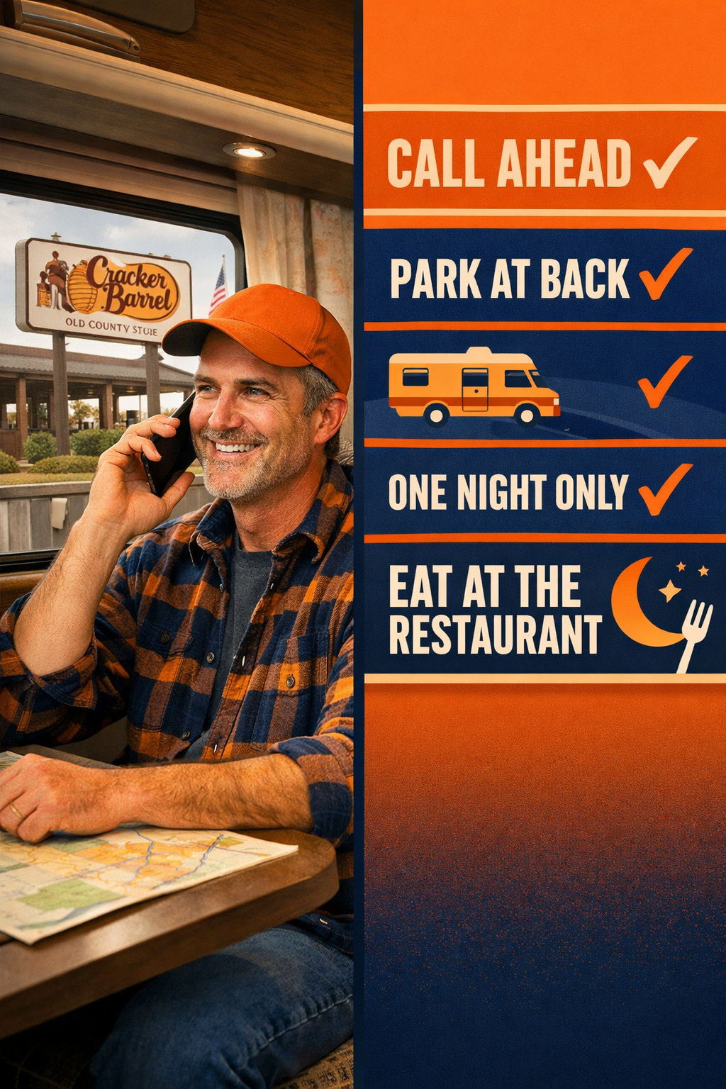 Portrait/Pinterest format () split-scene editorial image: left side shows a friendly RV traveler talking on a phone with a