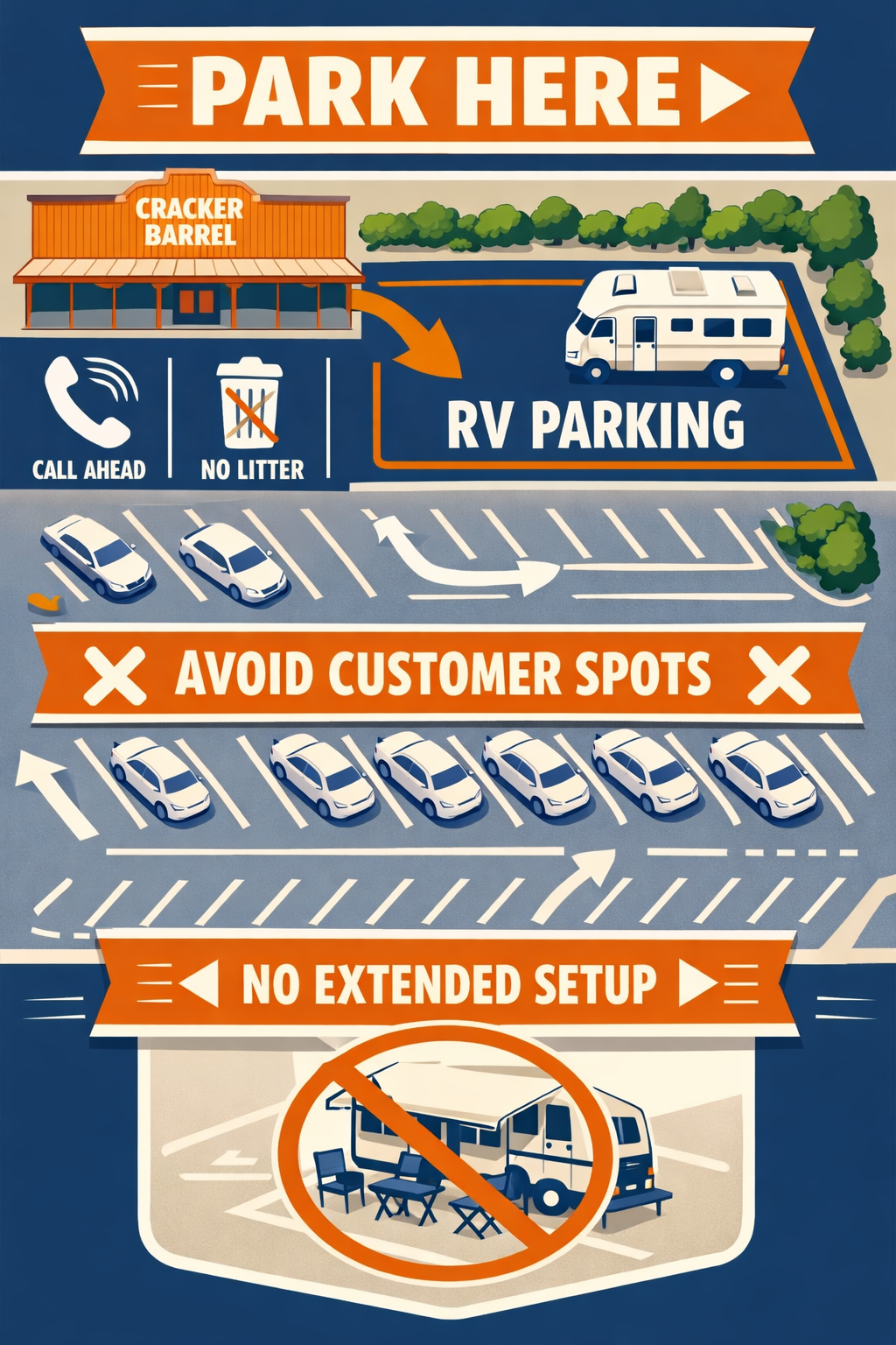 Portrait/Pinterest format () top-down aerial style infographic illustration of a Cracker Barrel parking lot layout showing