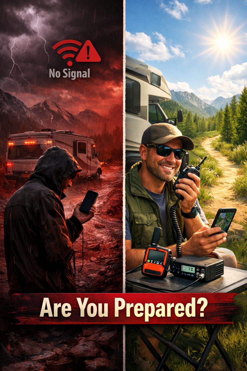 Portrait/Pinterest format () visual showing a split-scene comparison: left side depicts a stranded RV on a remote mountain