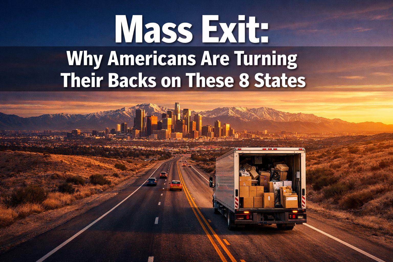 Professional () hero image with : 'Mass Exit: Why Americans Are Turning Their Backs on These 8 States' in extra large white