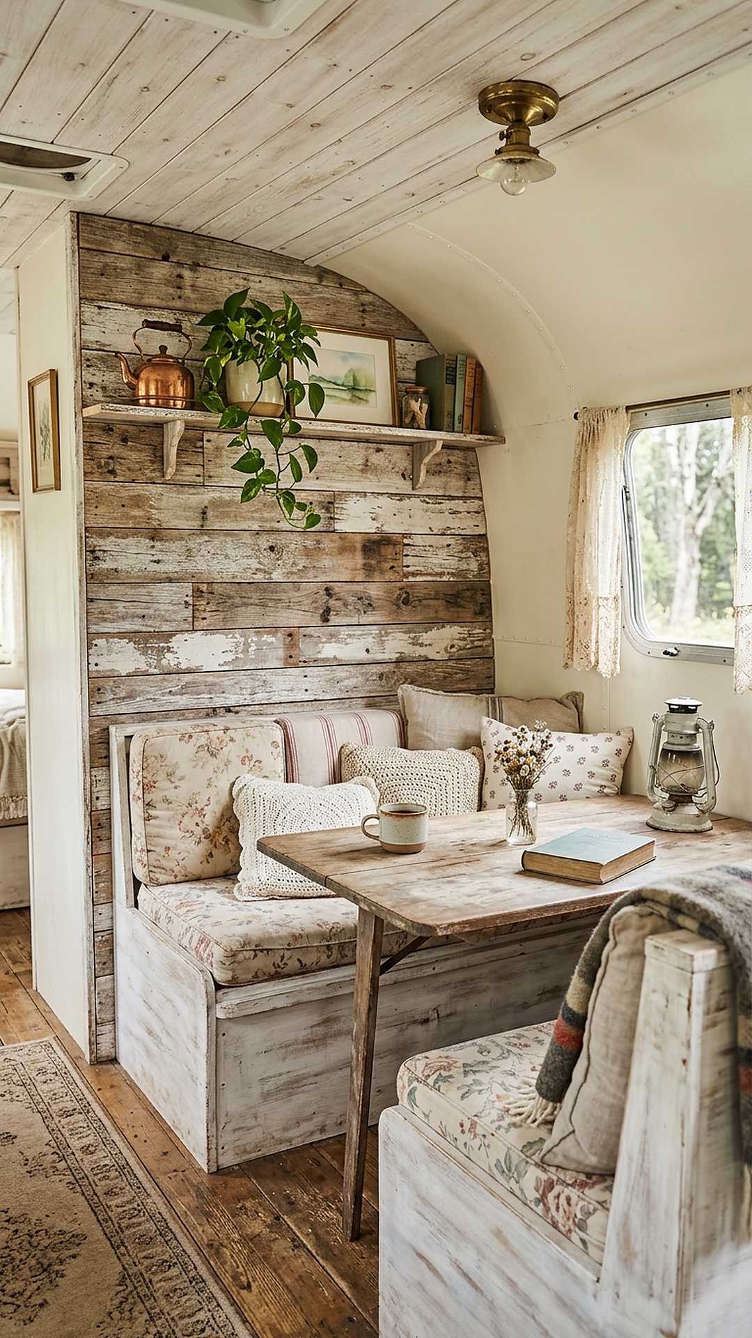 Whitewashed pallet wood accent wall in a shabby chic camper dinette