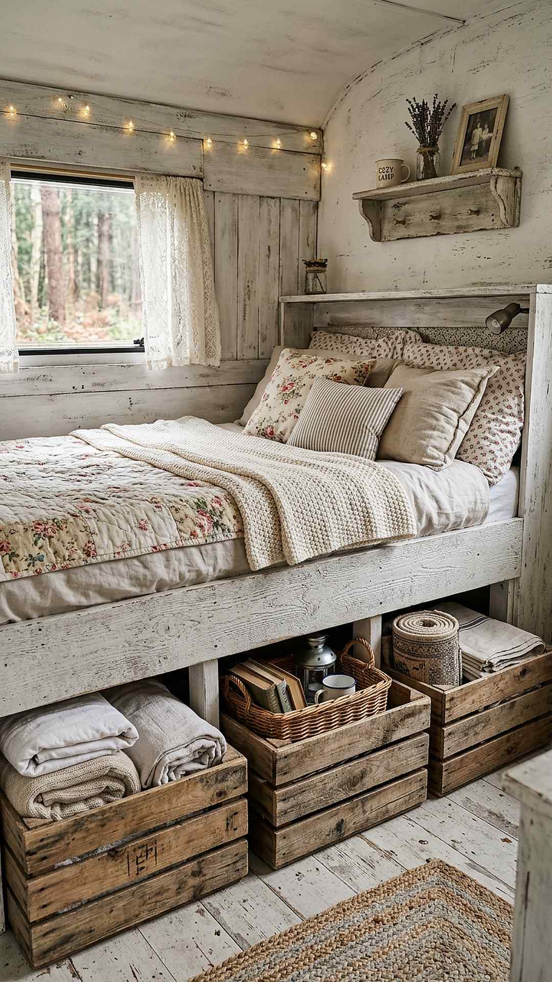 Pallet wood storage crates under a shabby chic camper bed