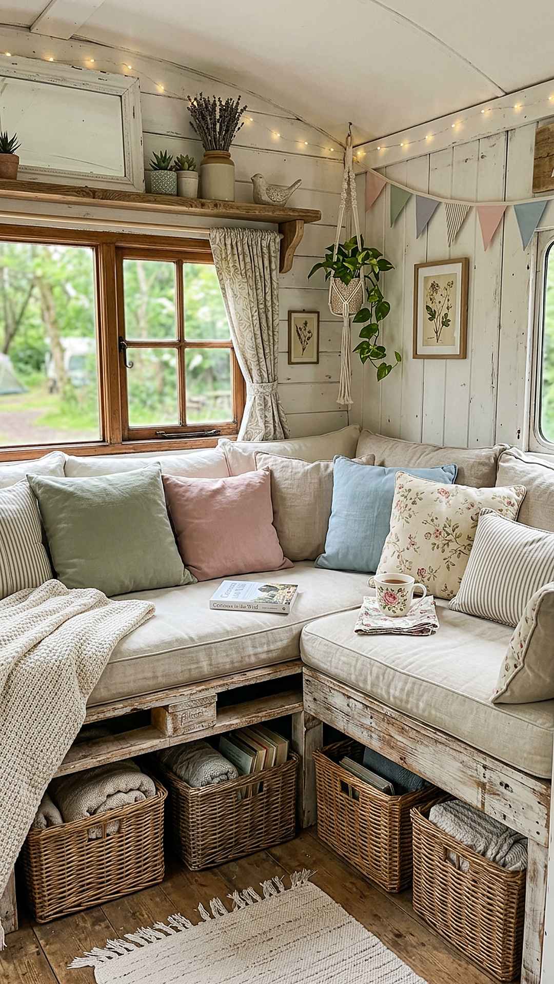 Pallet wood bench seating base in a shabby chic camper lounge