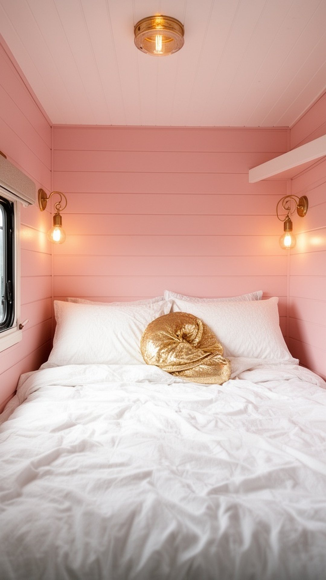 Soft blush pink painted shiplap in small camper interior