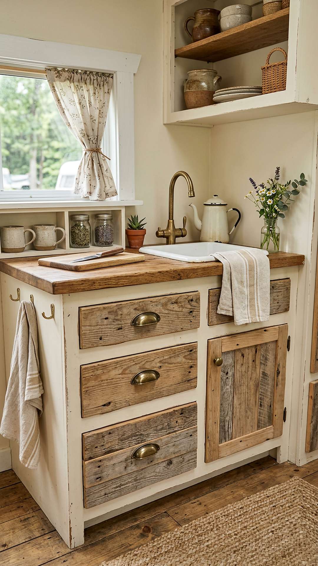 Pallet wood cabinet fronts in a shabby chic camper kitchen