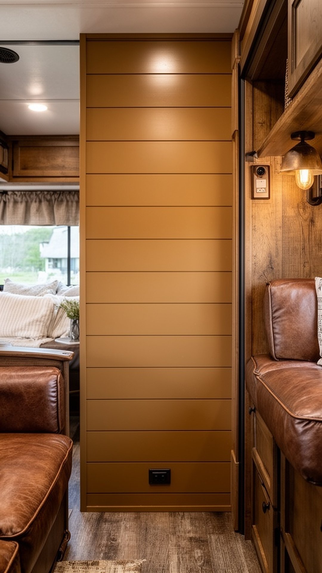 Rich caramel brown painted shiplap in small camper interior