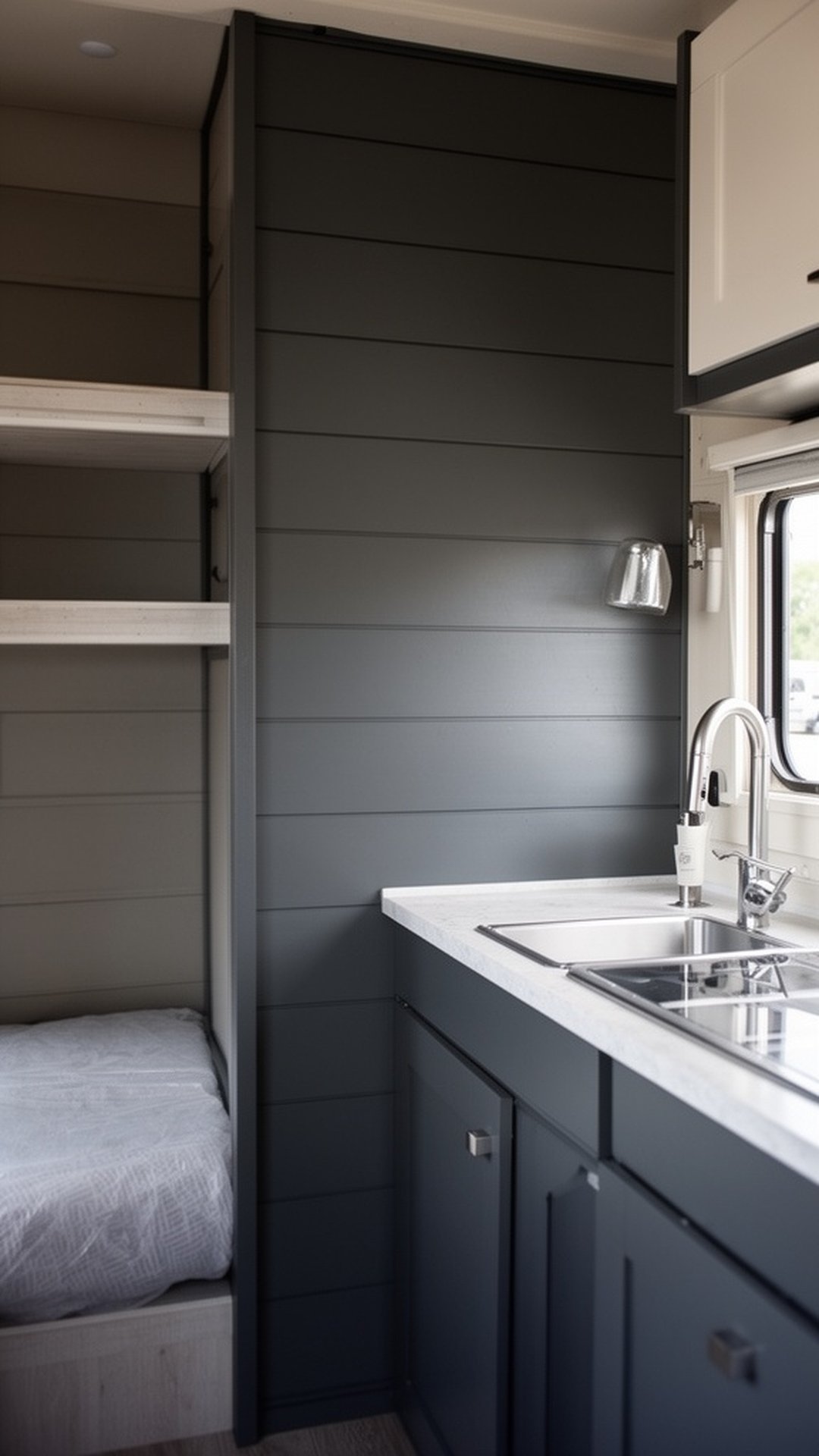 Charcoal gray painted shiplap in small camper interior