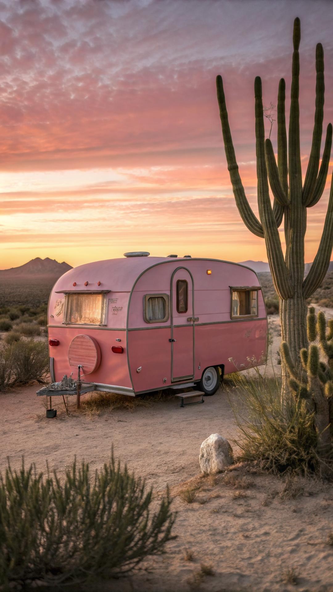Coral pink vintage camper in desert landscape