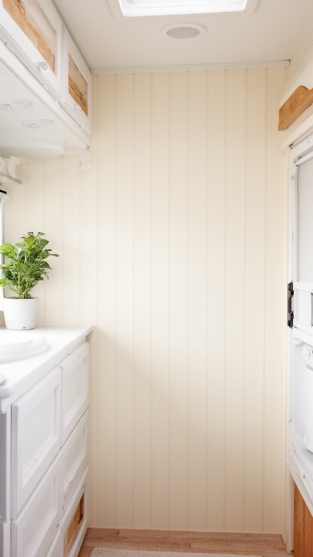 Soft cream ivory painted shiplap in small camper interior