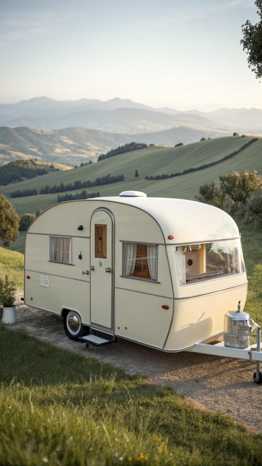 Creamy white vintage camper in peaceful countryside