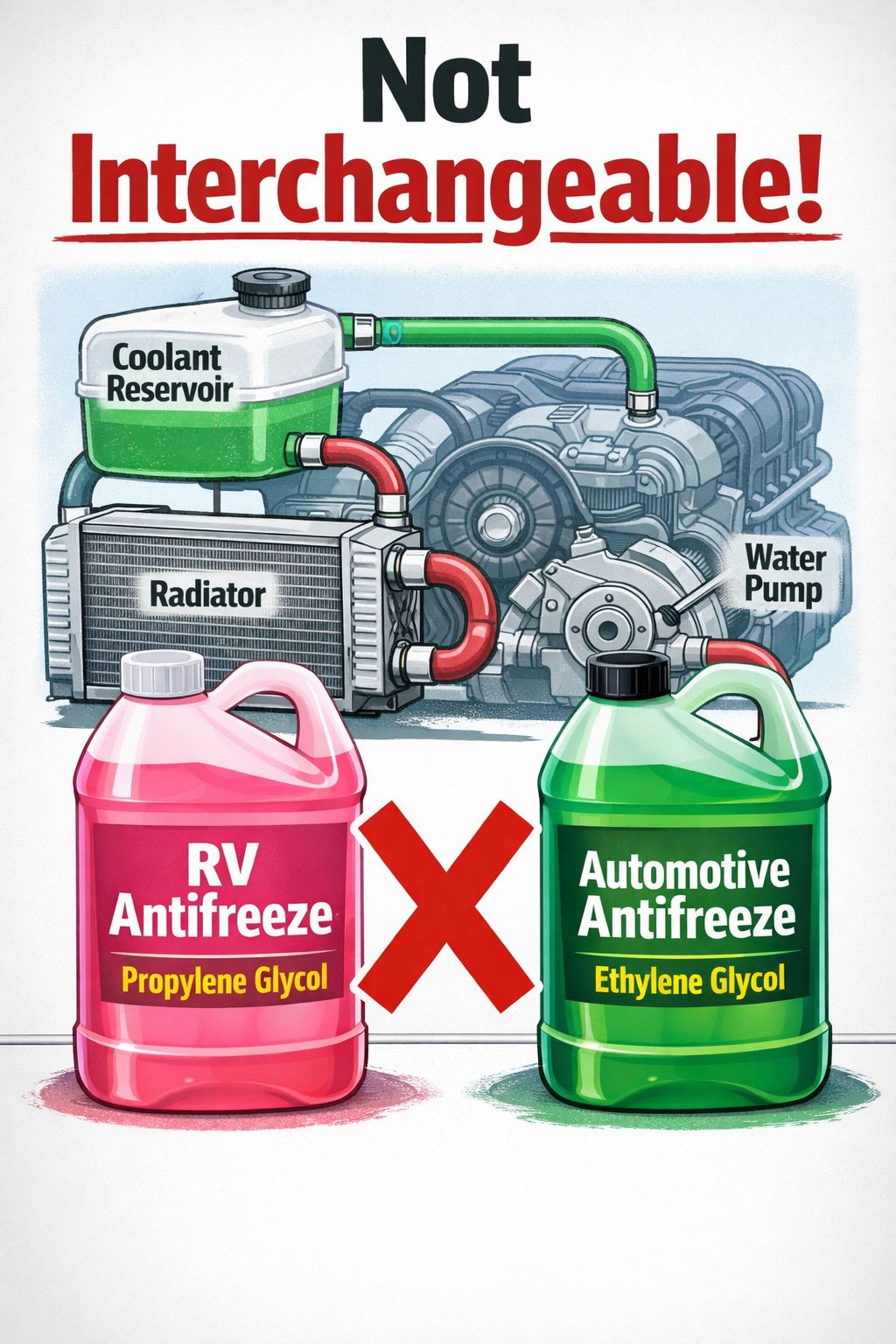 () detailed infographic-style illustration showing two side-by-side containers: a pink bottle labeled 'RV Antifreeze -