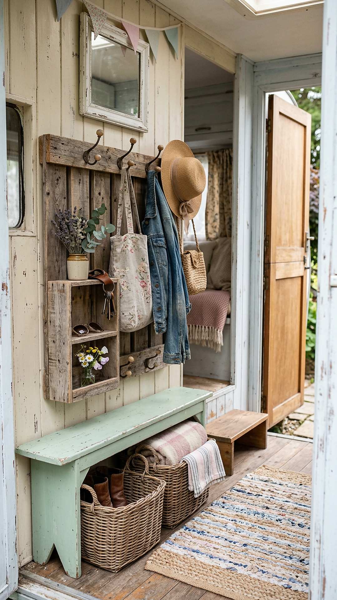 Pallet wood entry organizer and coat hooks in a shabby chic camper