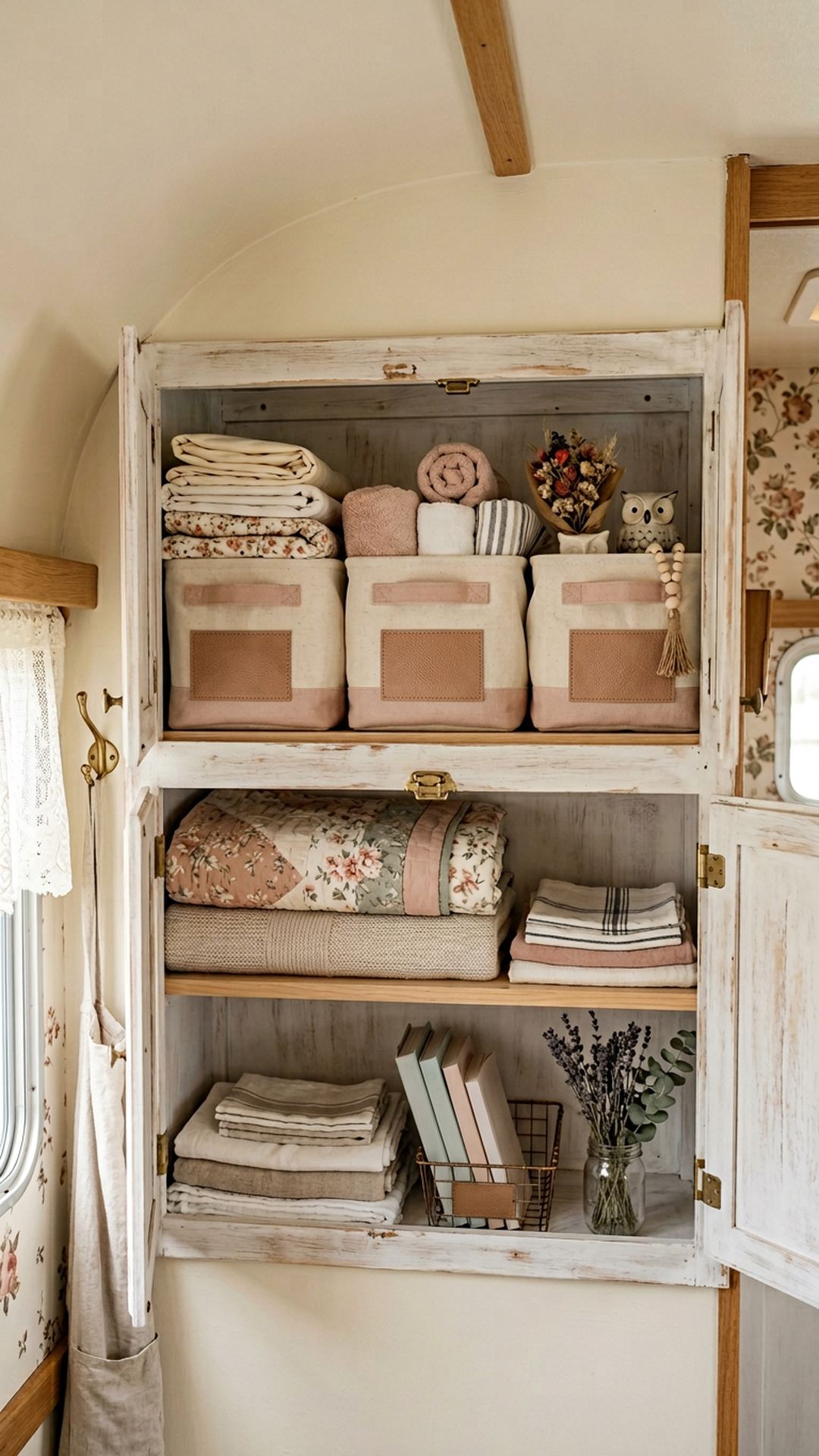 15. Unify Overhead Cabinets With Matching Fabric Bins