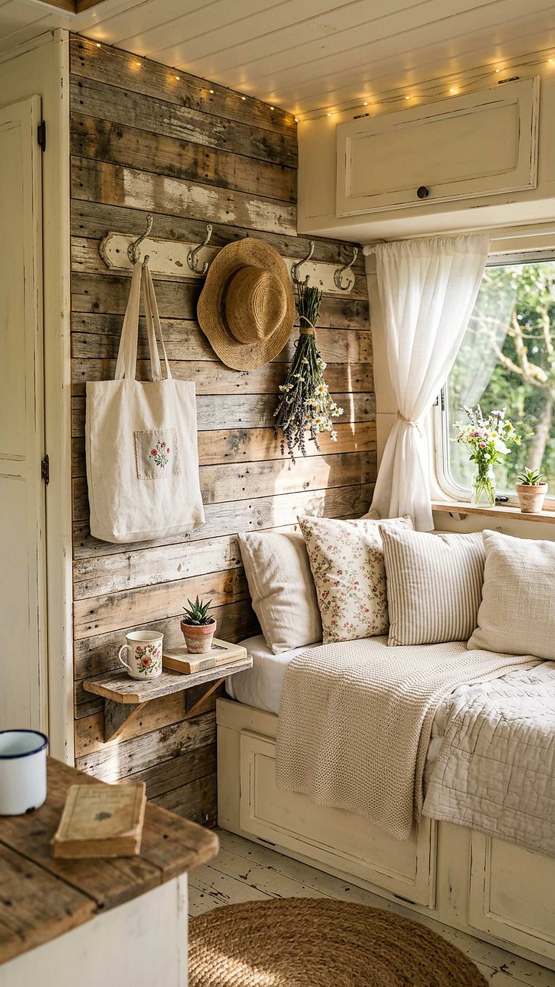 Pallet wood feature wall with hooks in a shabby chic camper