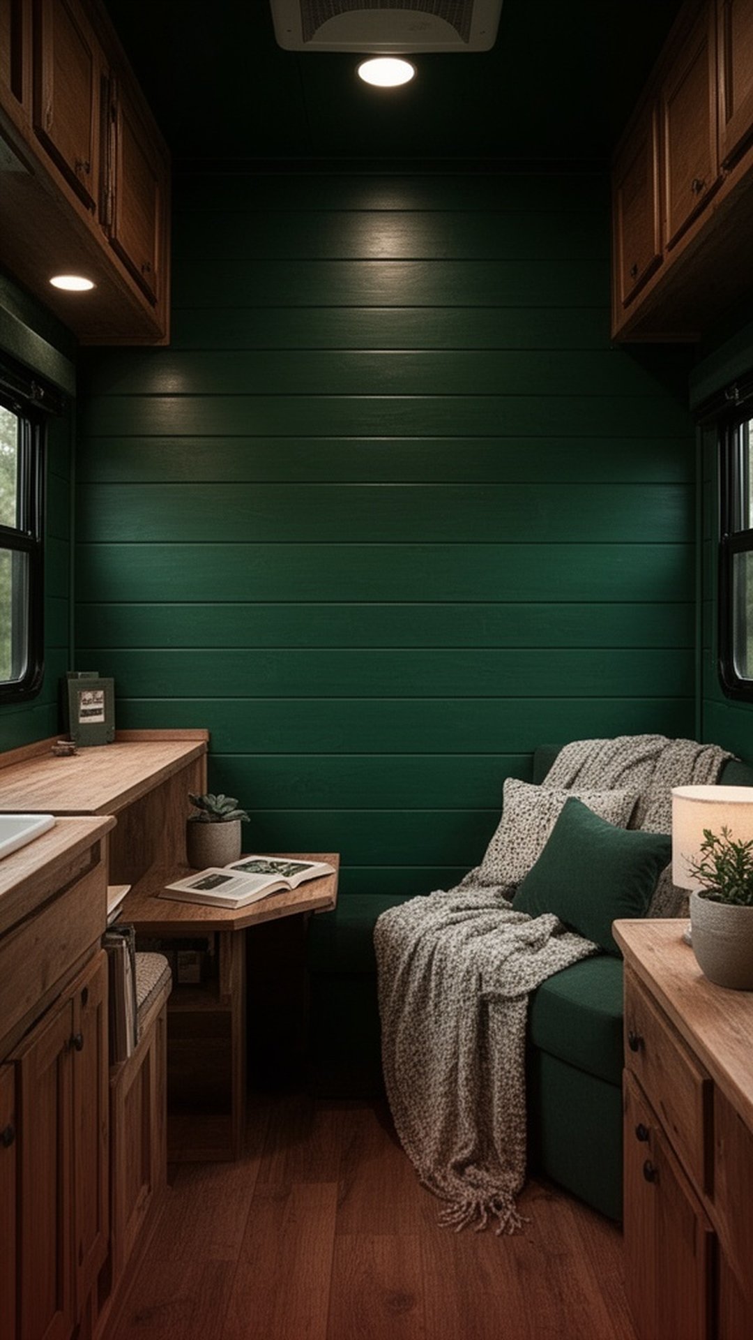 Deep forest green painted shiplap in small camper interior