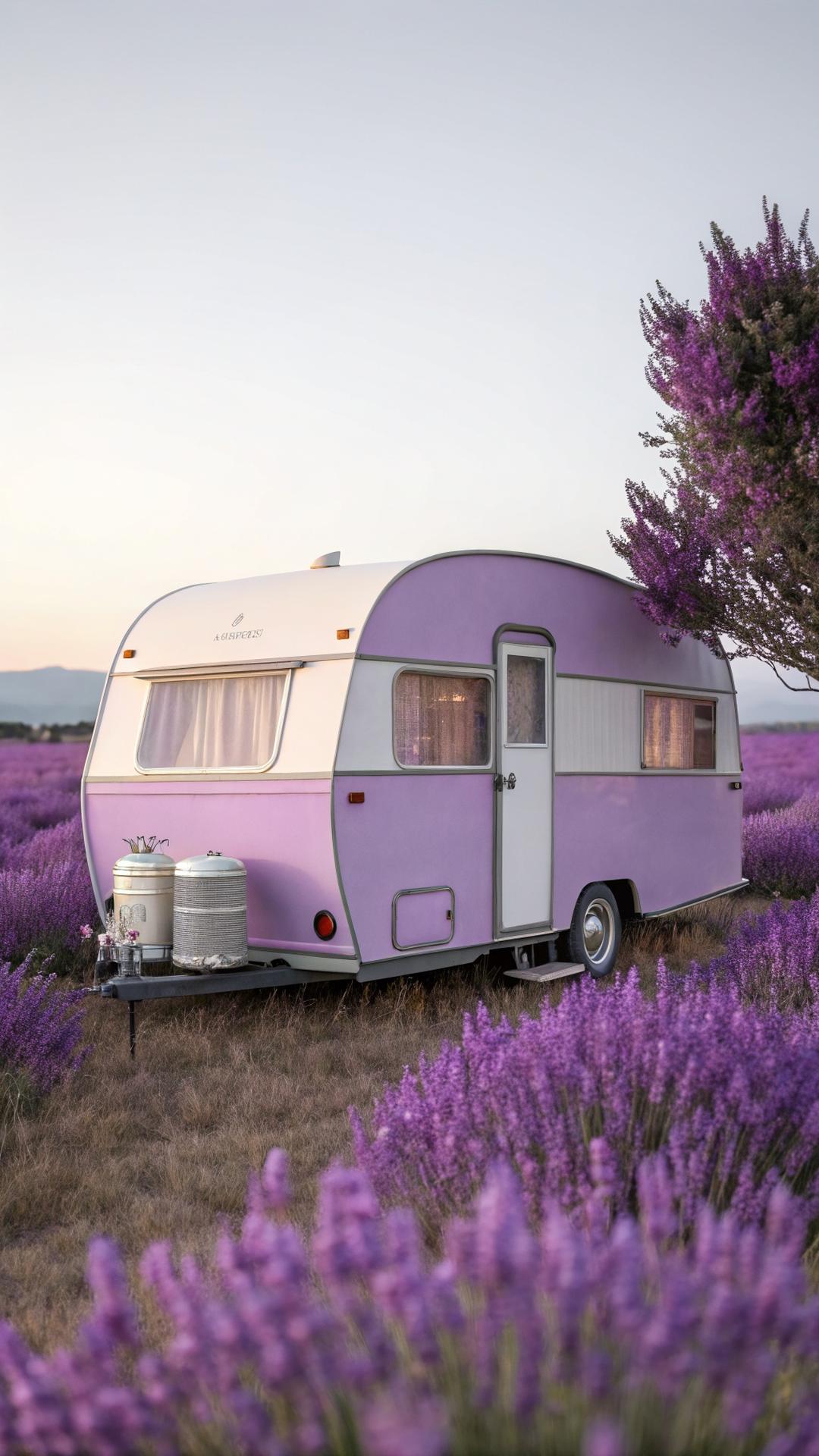Lavender purple vintage camper in flower field