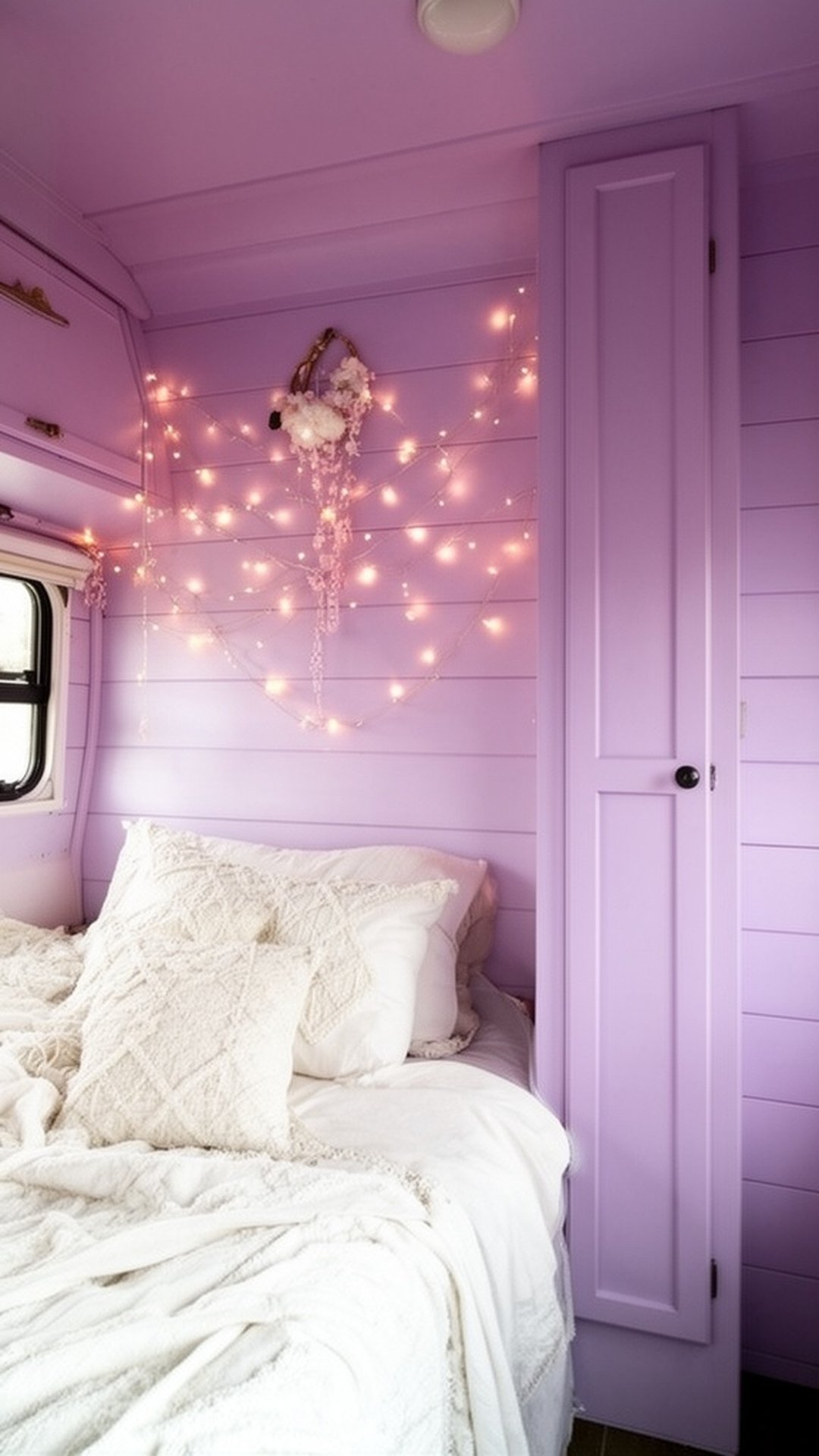 Soft lavender painted shiplap in small camper interior