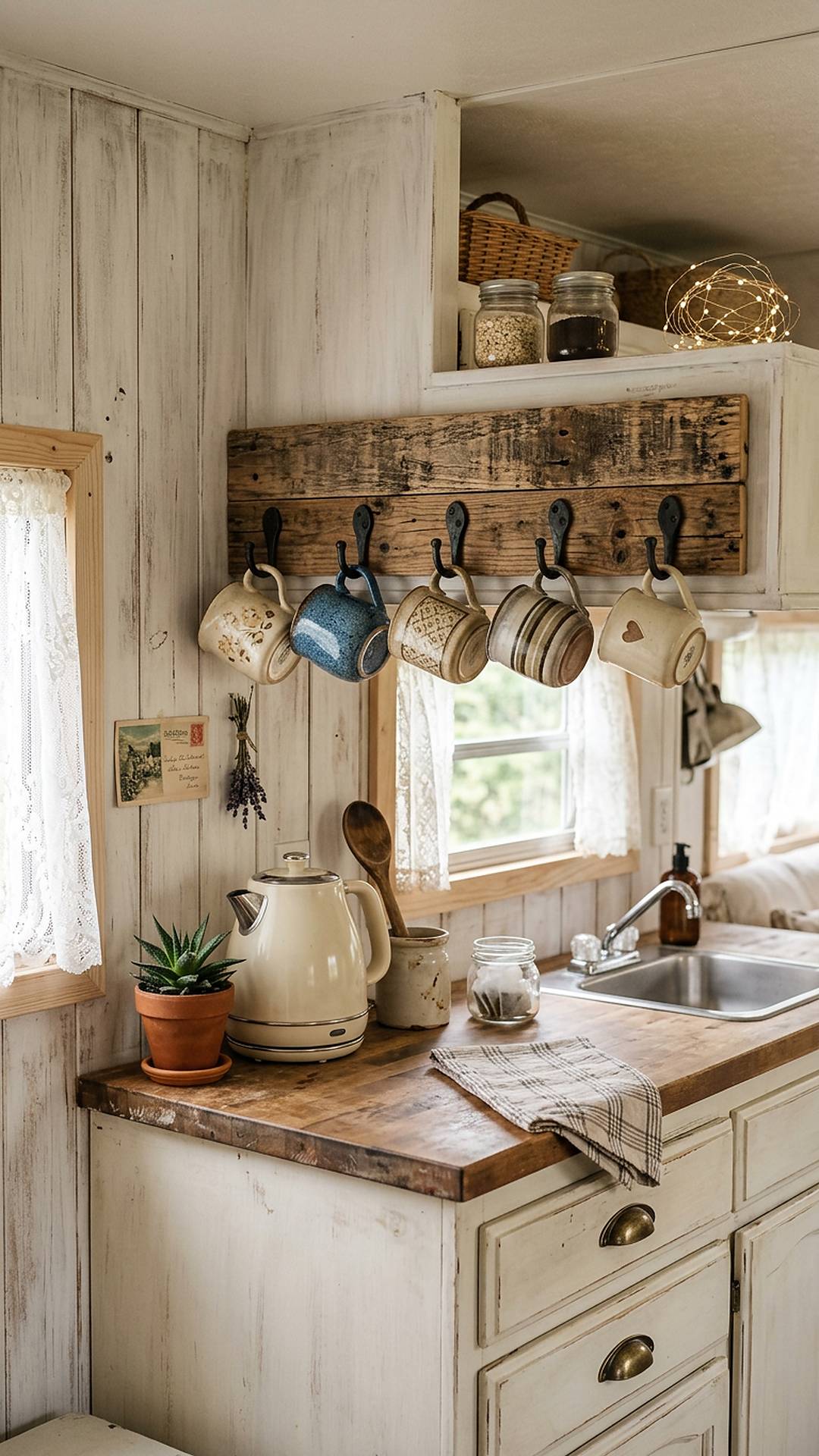Pallet wood mug rail with hooks in a shabby chic camper kitchen