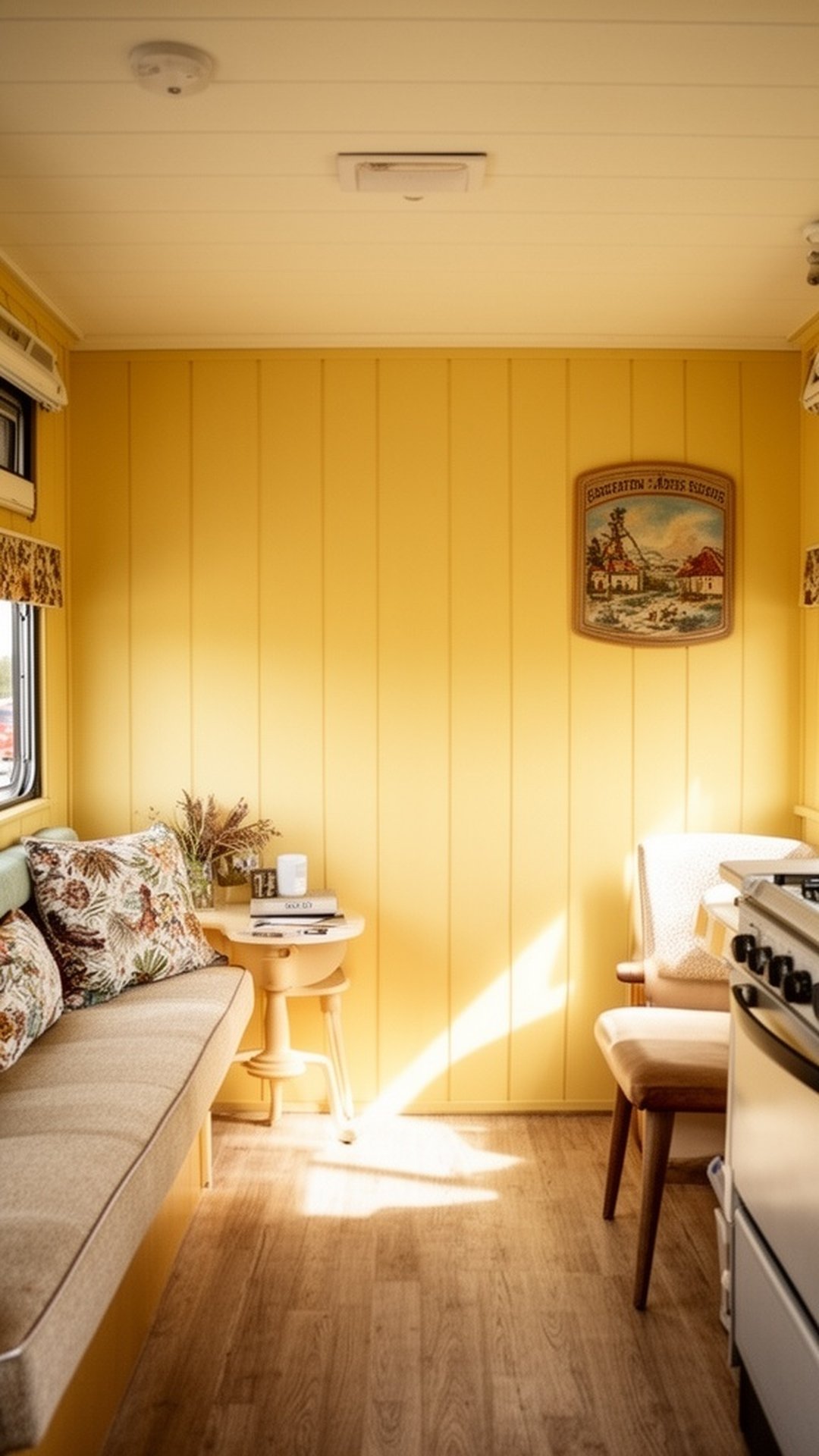 Sunny mustard yellow painted shiplap in small camper interior