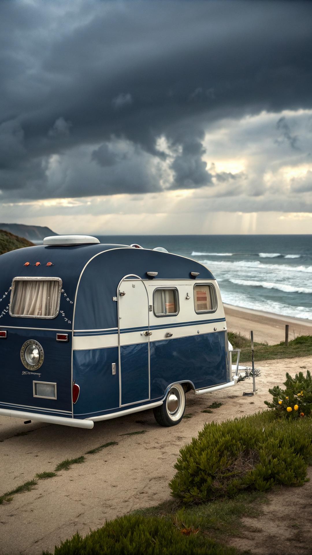 Navy blue vintage camper with white trim at the beach