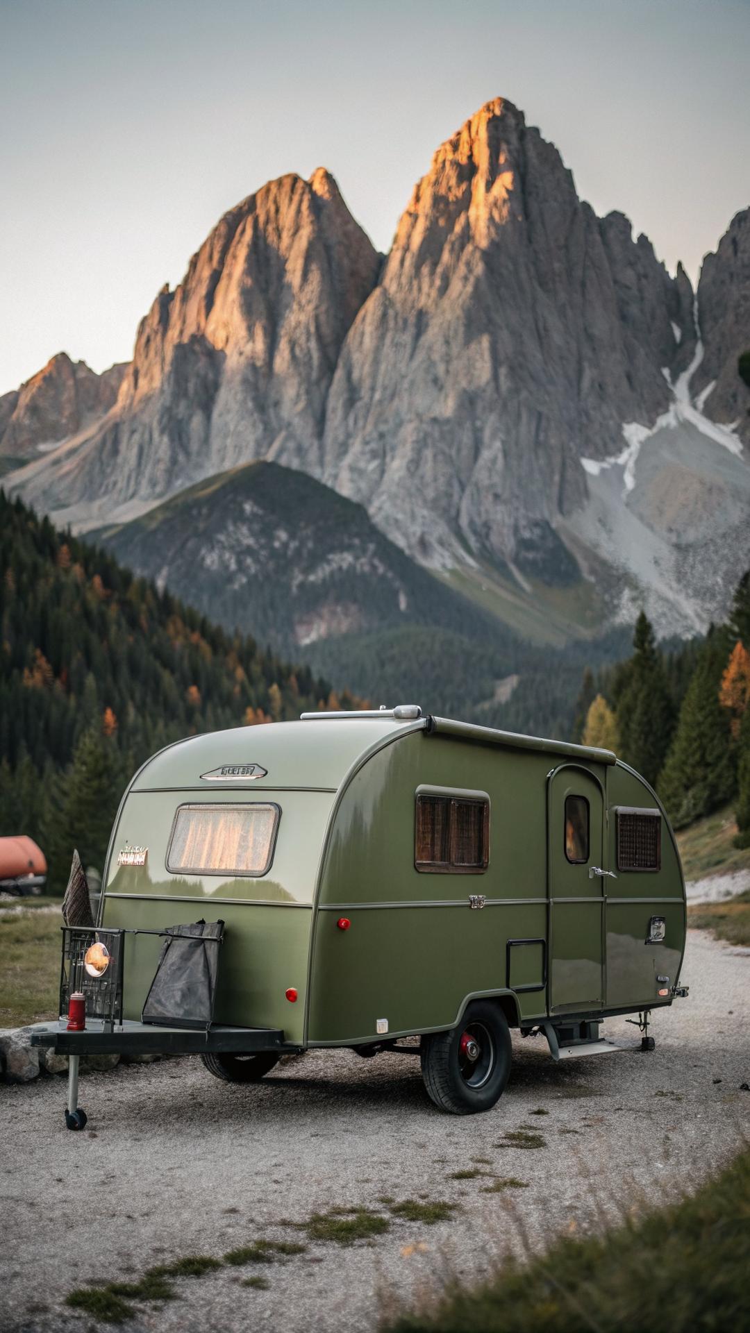 Olive green vintage camper in mountain valley