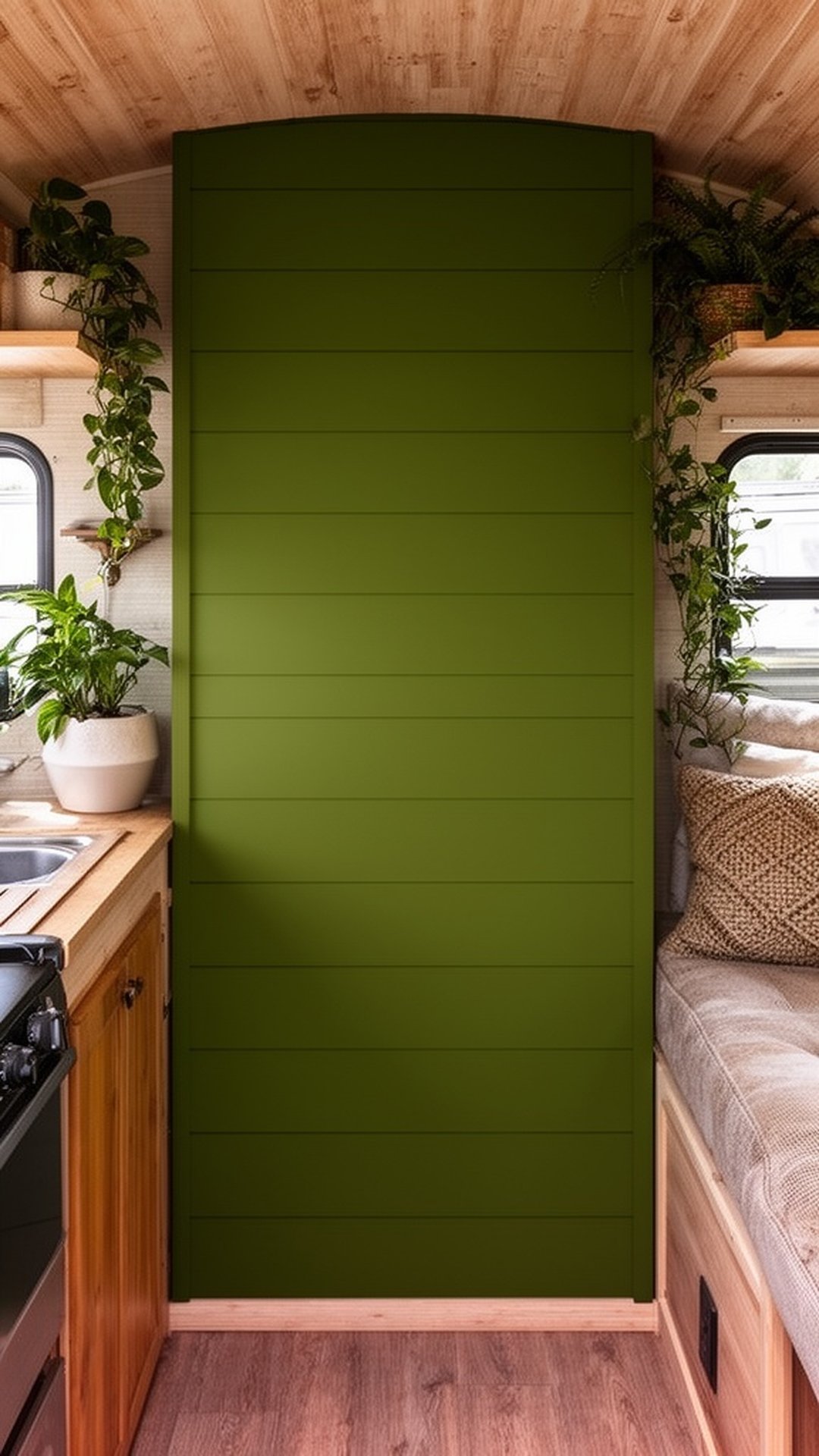 Earthy olive green painted shiplap in small camper interior