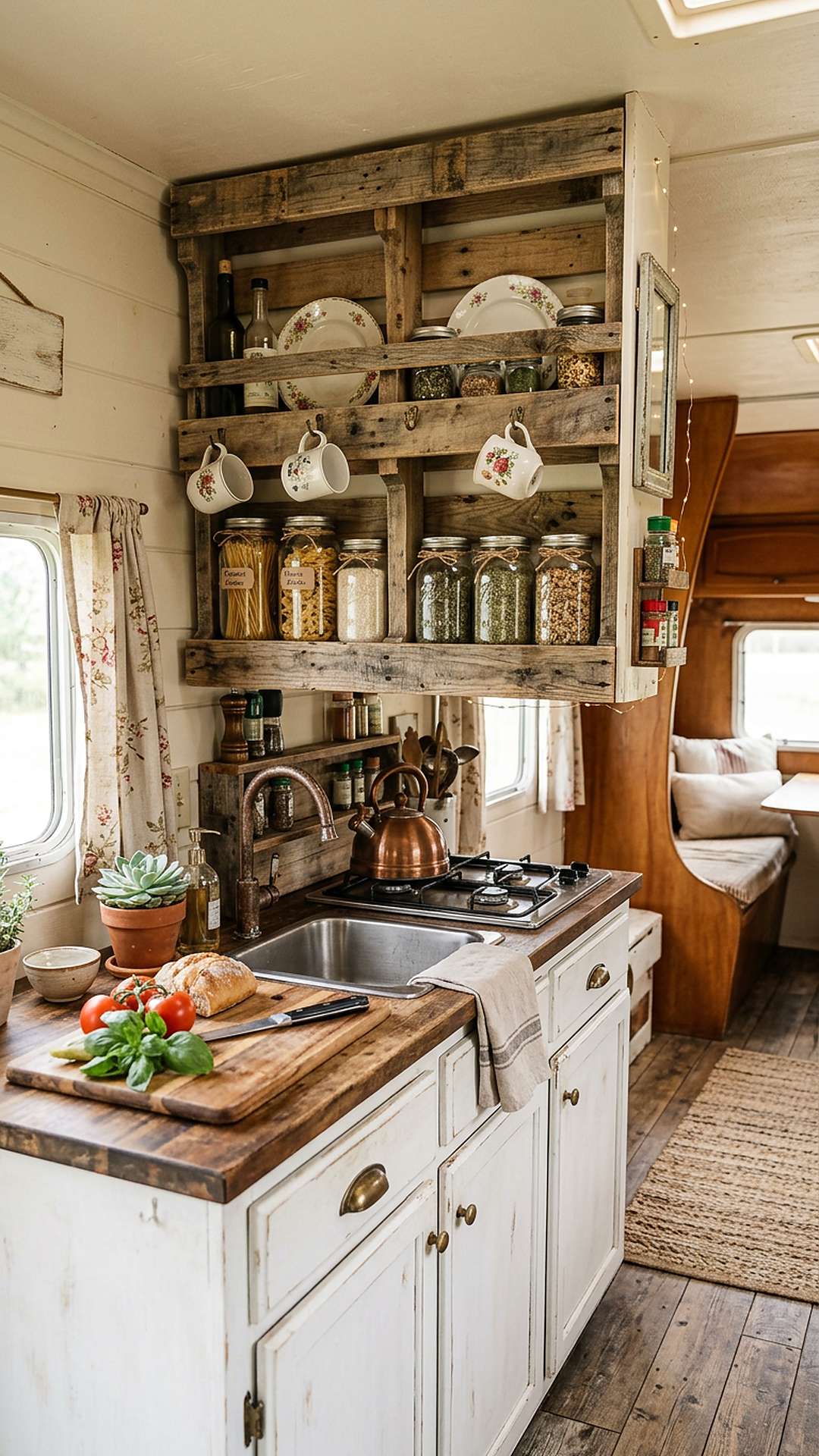 Pallet wood open shelves in a shabby chic camper kitchen