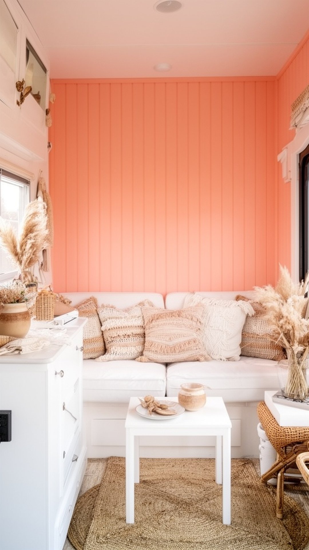 Warm peach coral painted shiplap in small camper interior