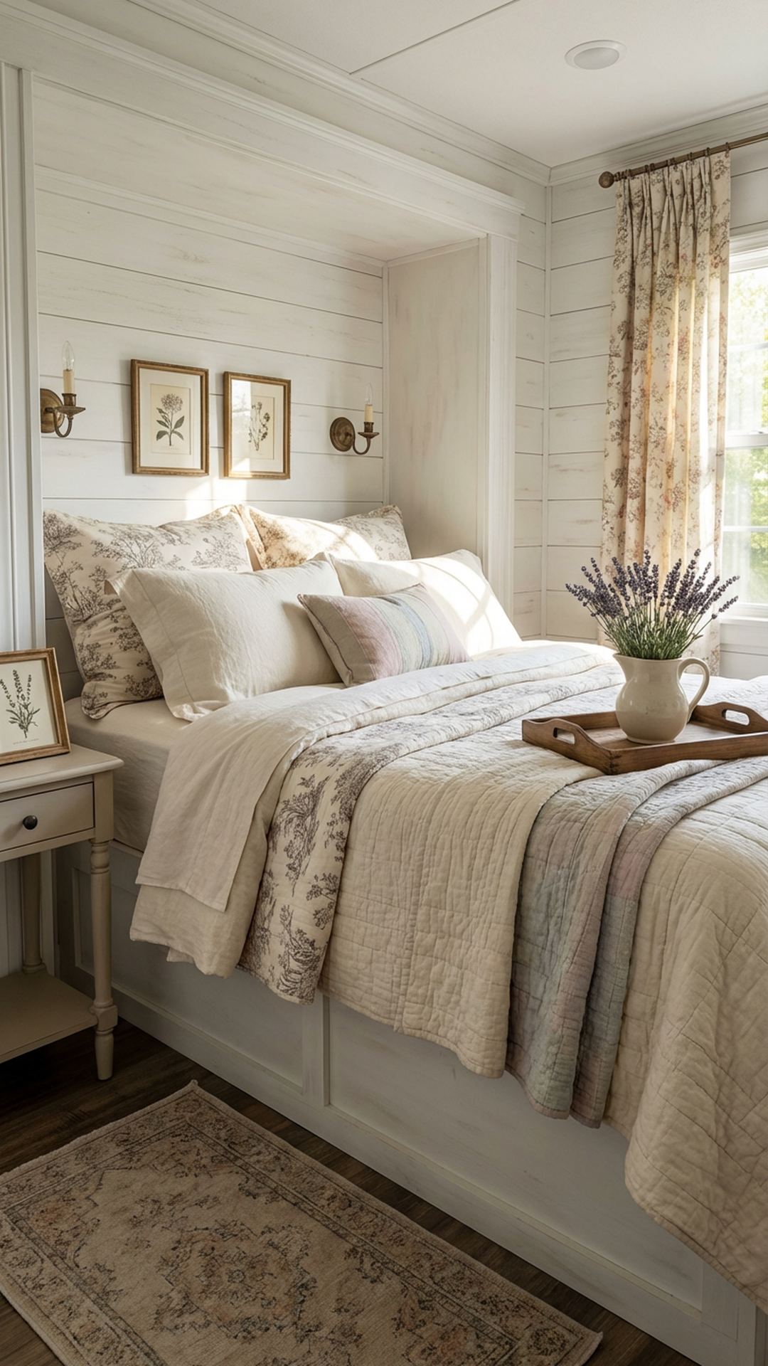 Finished French country RV bedroom with botanical art and lavender accents