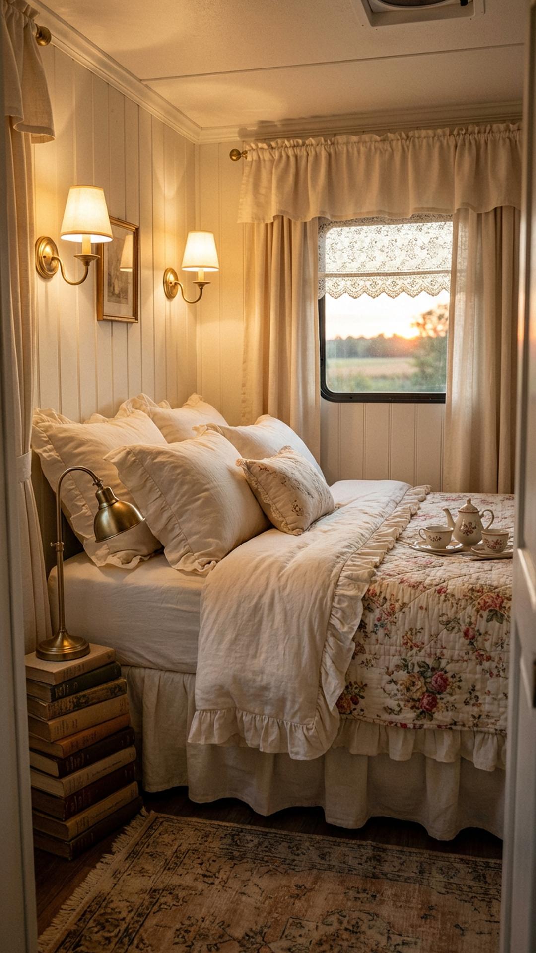 French country RV bedroom with brass sconces and linen curtains