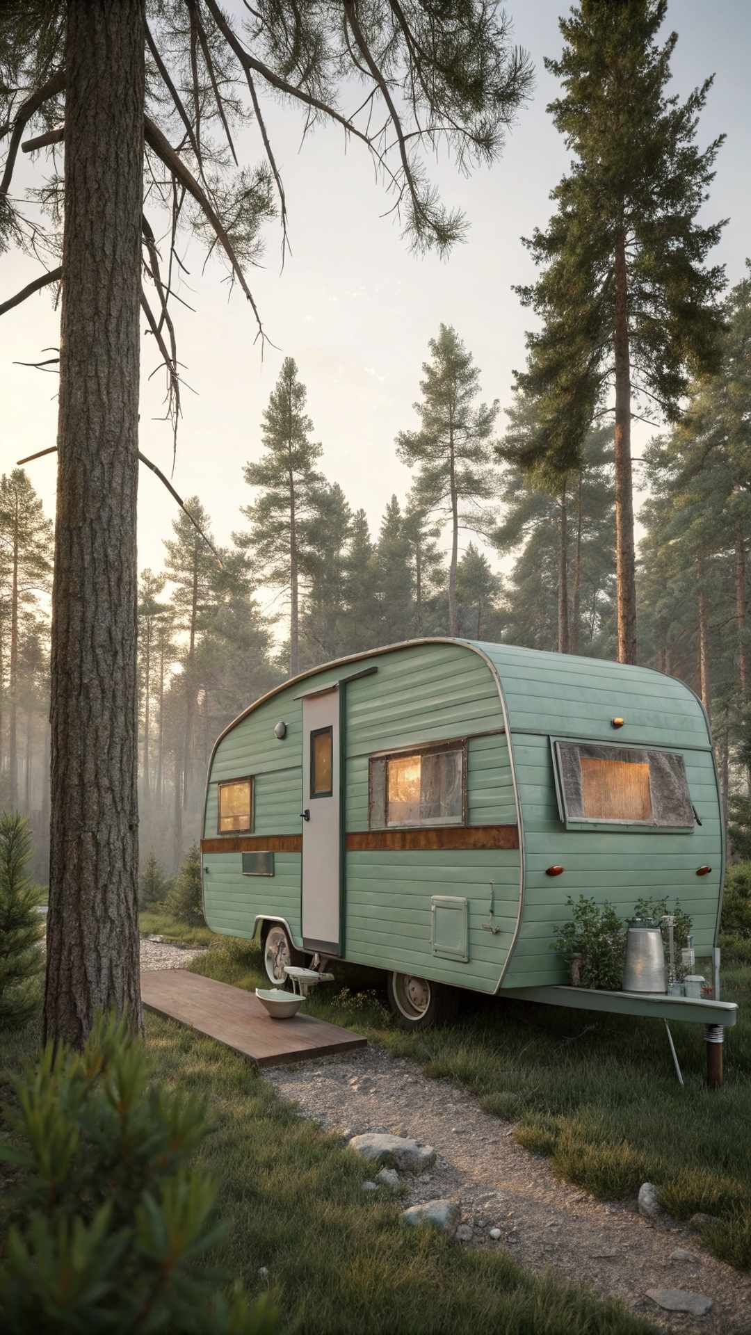 Sage green vintage camper nestled in forest setting