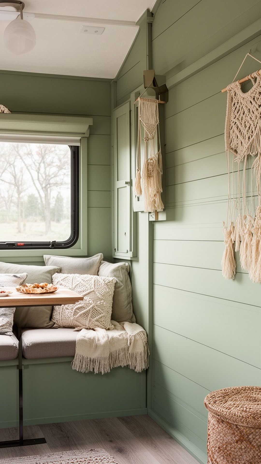 Sage green painted shiplap in small camper interior