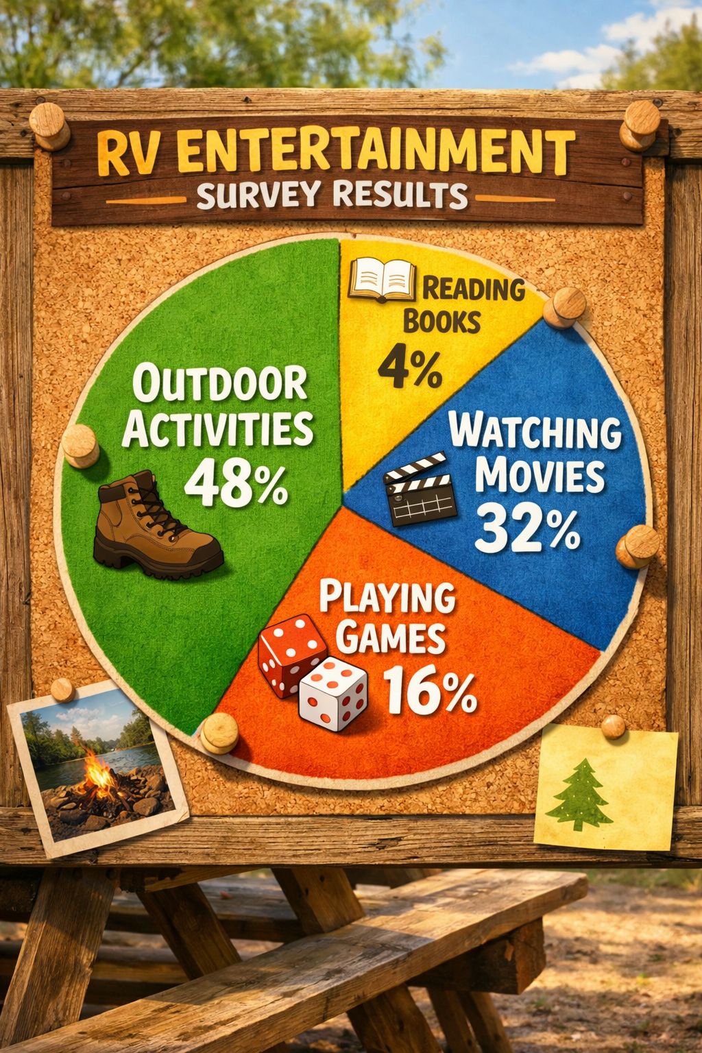 Portrait/Pinterest format () showing a colorful pie chart infographic styled as a campground bulletin board pinned with