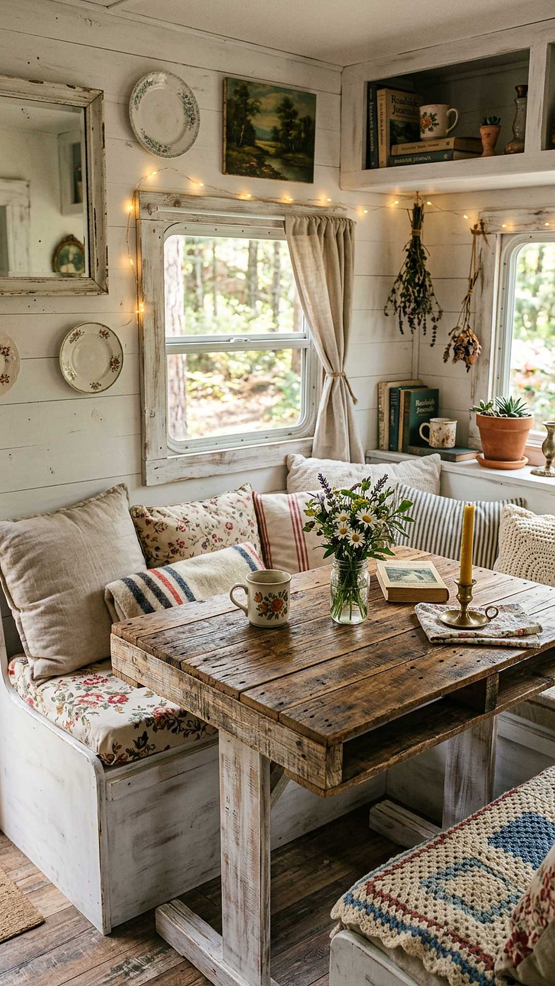 Pallet wood tabletop in a shabby chic camper dining corner