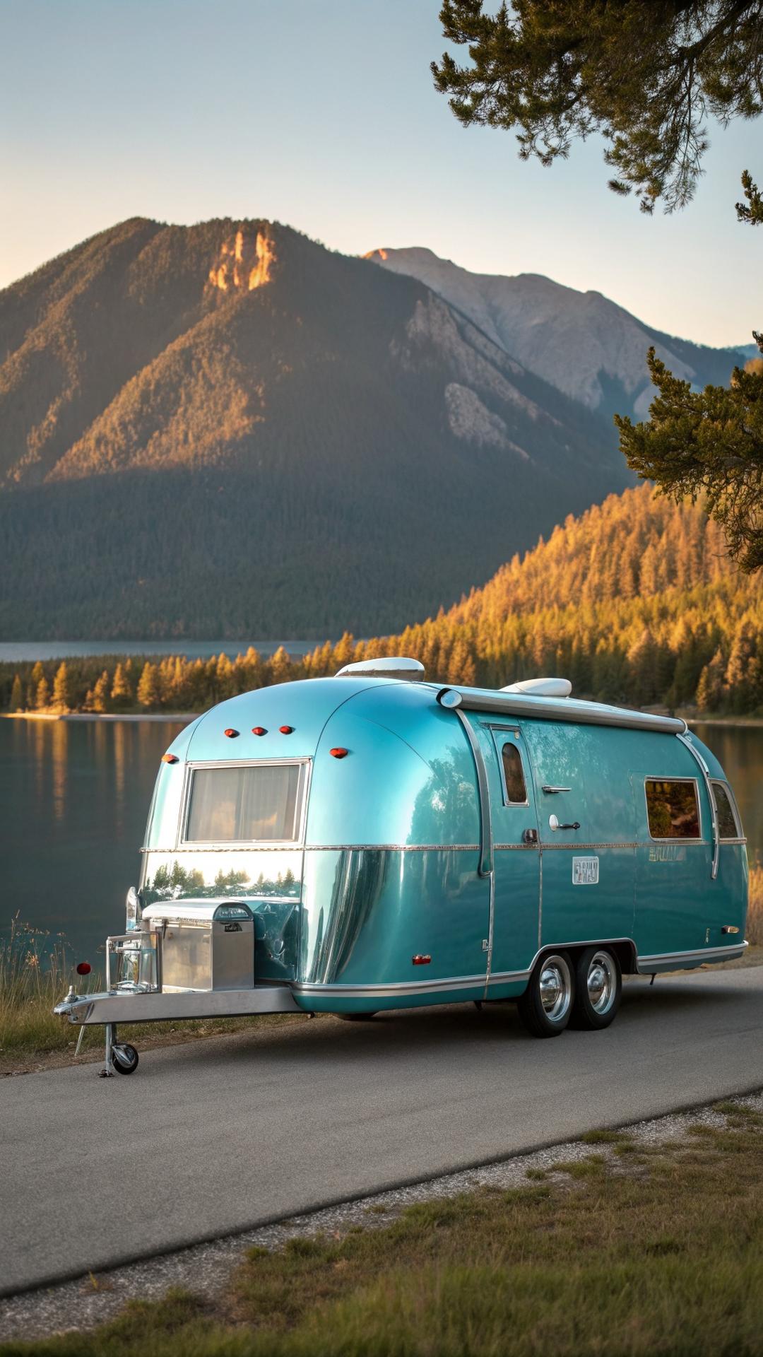 Turquoise blue vintage Airstream camper by the lake