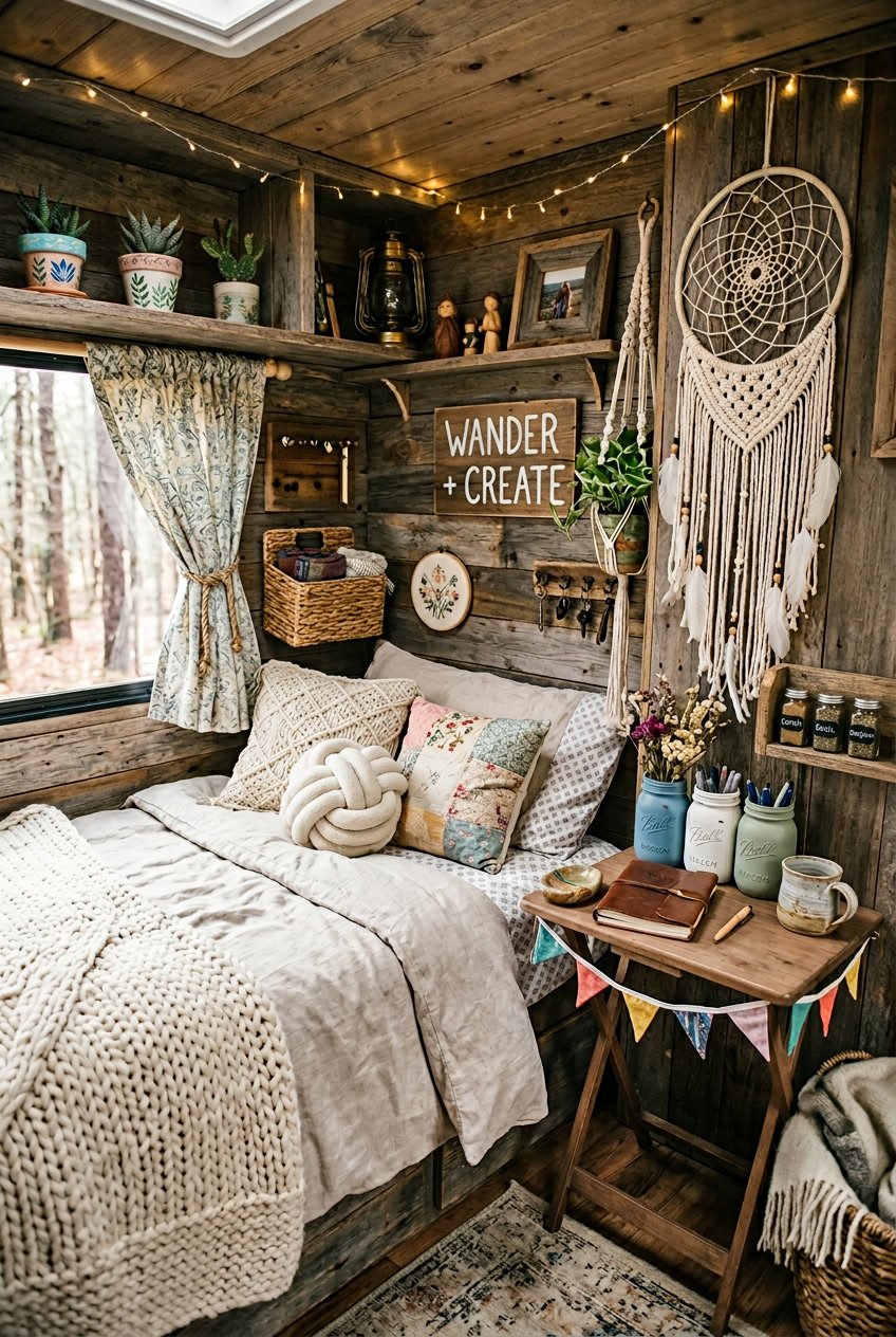 A cozy camper bedroom with a small bed, wooden shelves holding plants and handmade decorations, soft bedding, and warm natural light coming through a curtained window.
