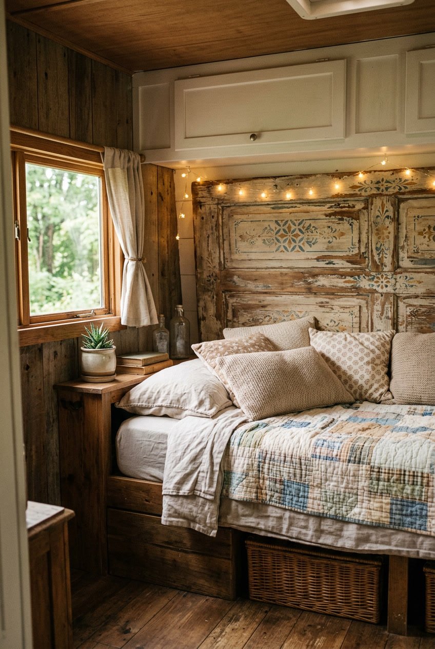 A camper bedroom with a wooden headboard decorated with faded stencil patterns, a neatly made bed, and soft natural light coming through a window.