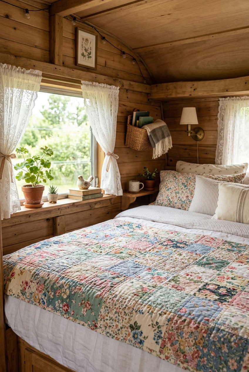 A cozy camper bedroom with a bed covered by a colorful patchwork quilt made of floral fabric scraps, surrounded by wooden accents and soft natural light.