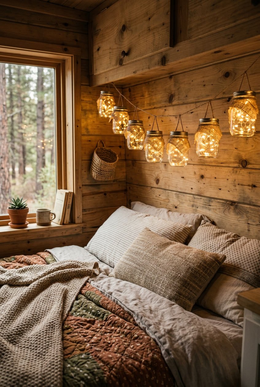 A cozy camper bedroom with glowing mason jar string lights wrapped in burlap hanging along a wooden wall above a neatly made bed.