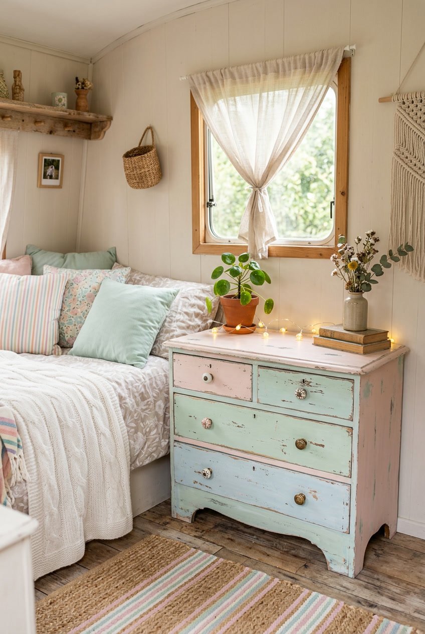 A cozy camper bedroom featuring a pastel-colored dresser, soft cushions, a woven rug, and natural light coming through a window.
