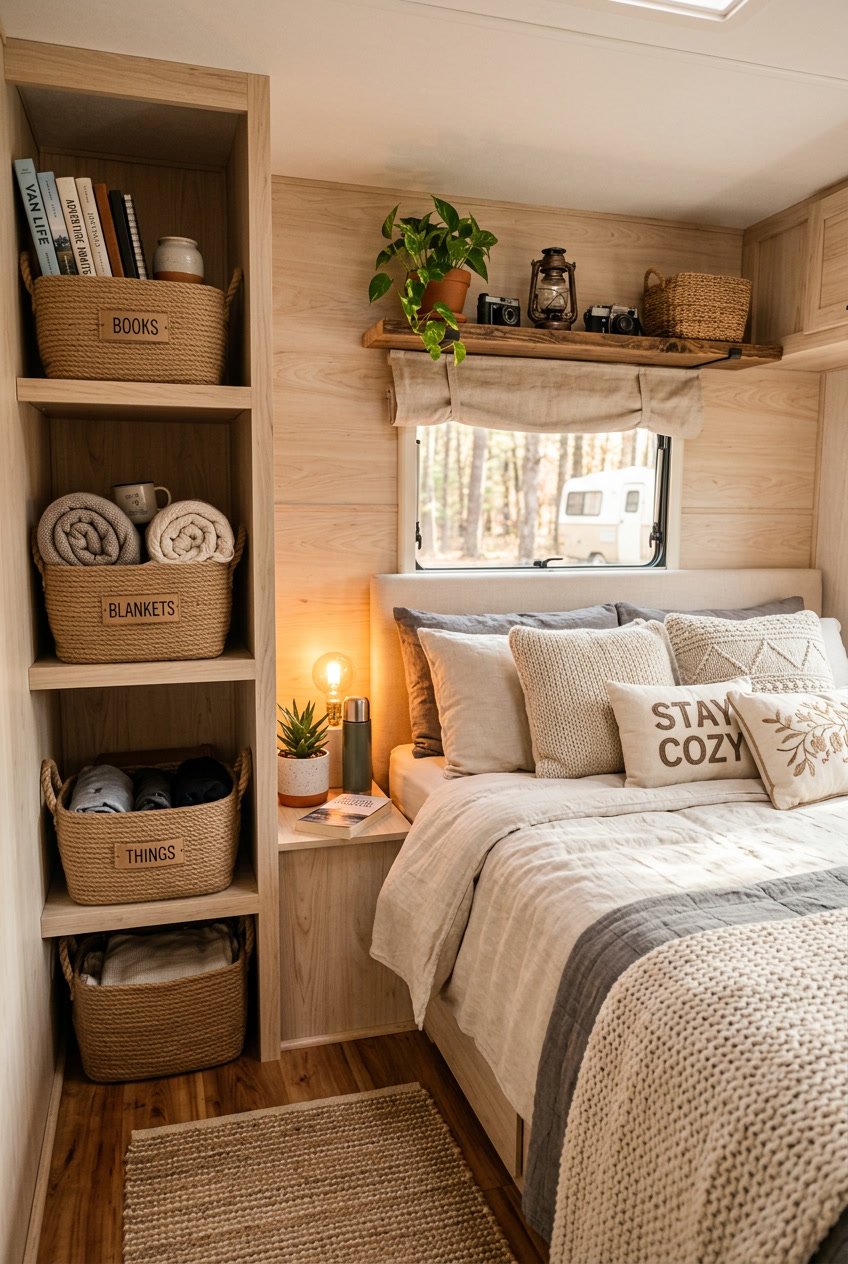 A camper bedroom with a bed, rope handle storage baskets, and cozy decorations.