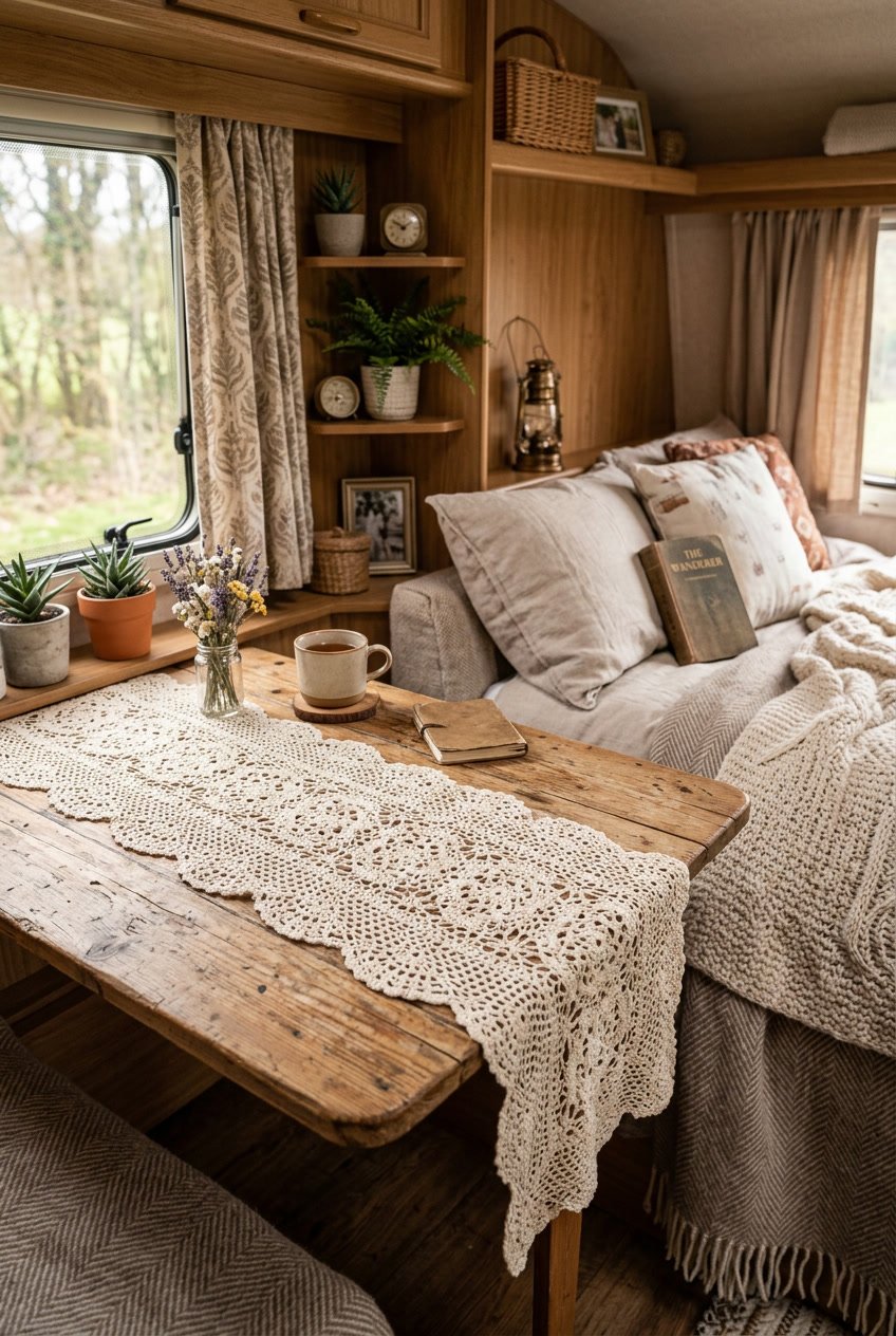 Crocheted doily table runner on a wooden table inside a cozy camper bedroom with pillows and blankets nearby.
