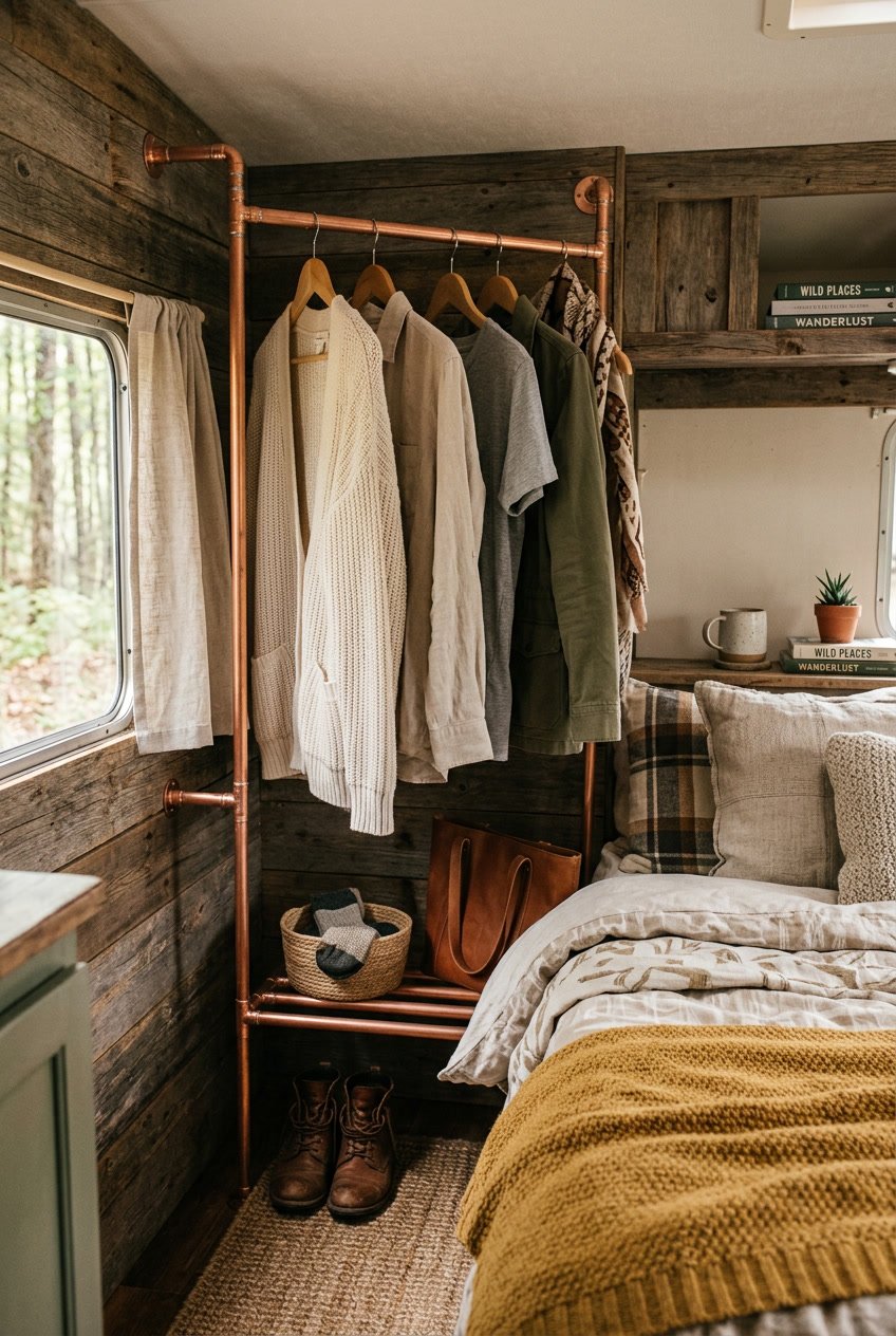 A camper bedroom with a copper pipe clothes rack holding clothes, a bed with blankets, and wooden walls lit by natural light.