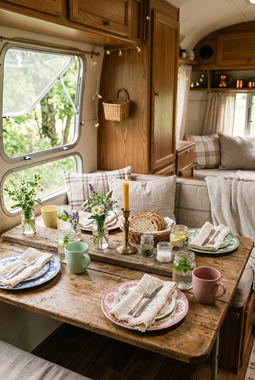 A cozy camper dining table set with plates, cups, napkins, flowers, and candles inside a camper.