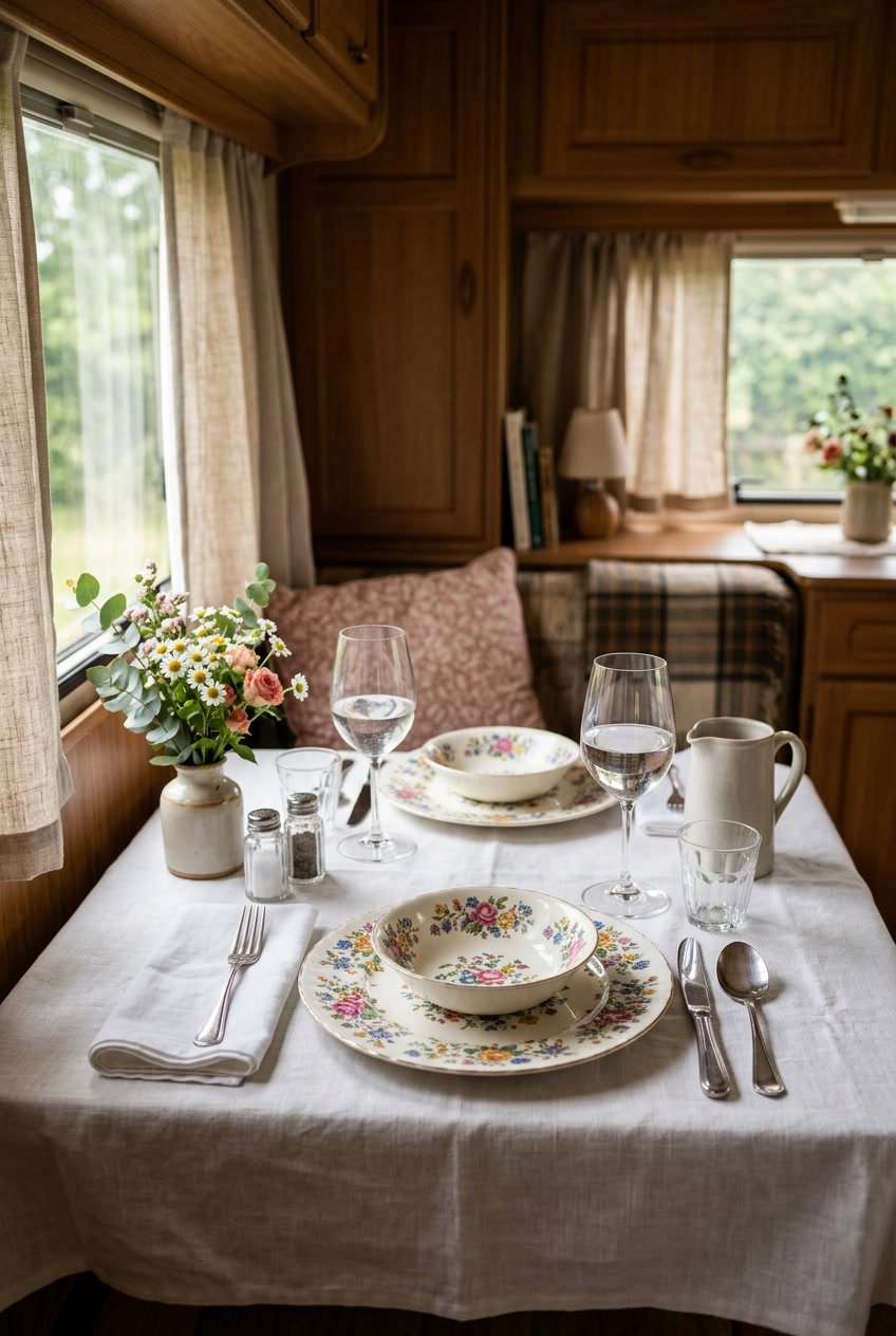 A dining table inside a camper set with floral plates and white linens, silverware, and glassware, lit by natural light.