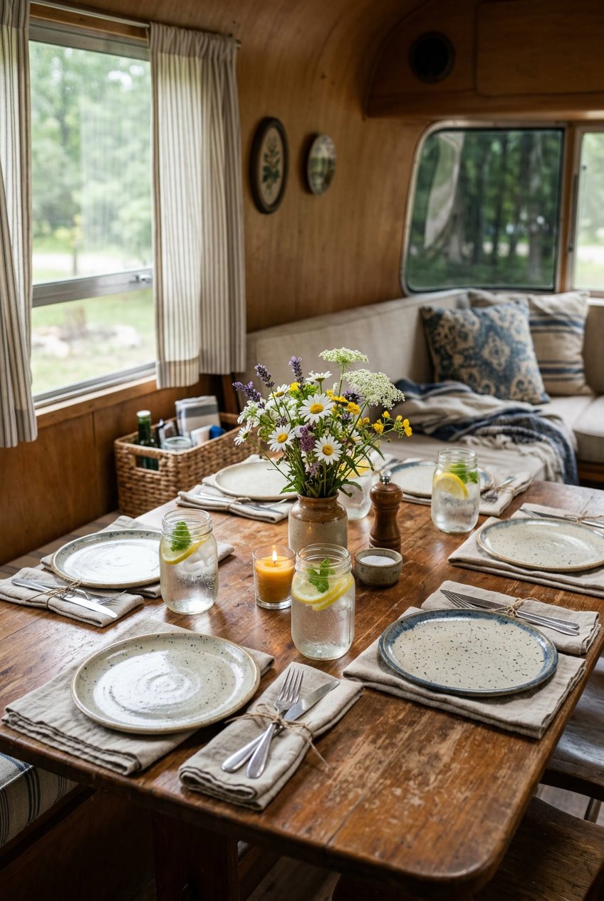 A dining table inside a camper set with mason jars as water glasses, plates, napkins, and wildflowers.